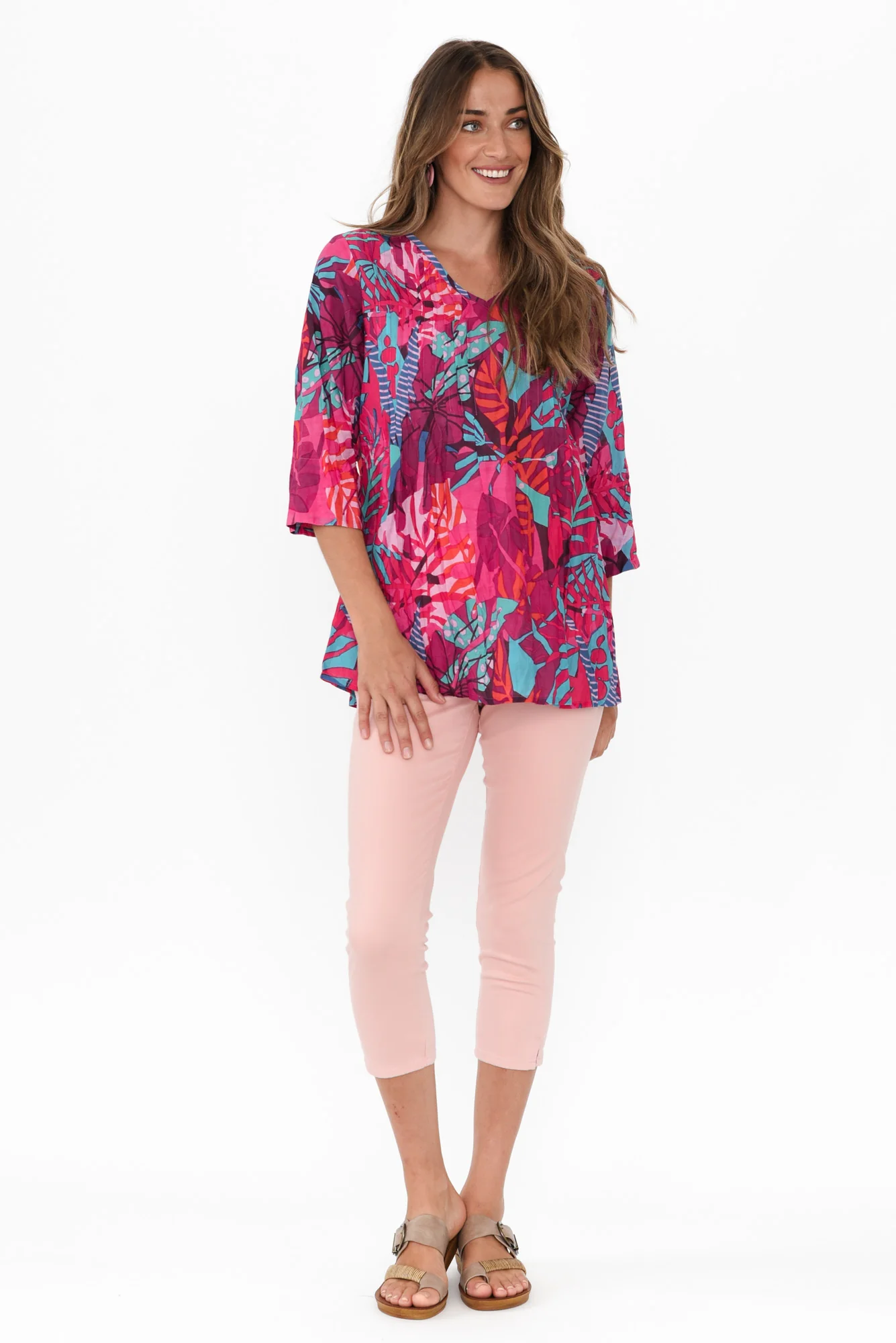 Fia Pink Jungle Sleeved Crinkle Cotton Top