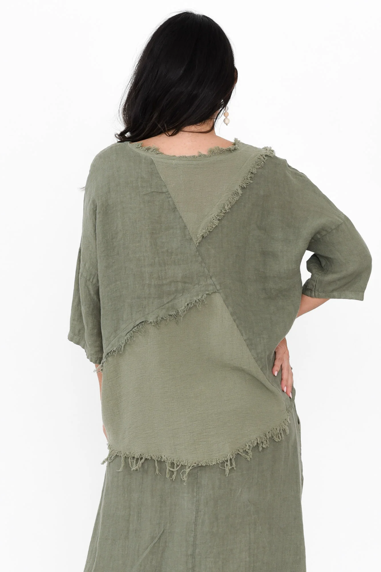 Denae Khaki Linen Frayed Top