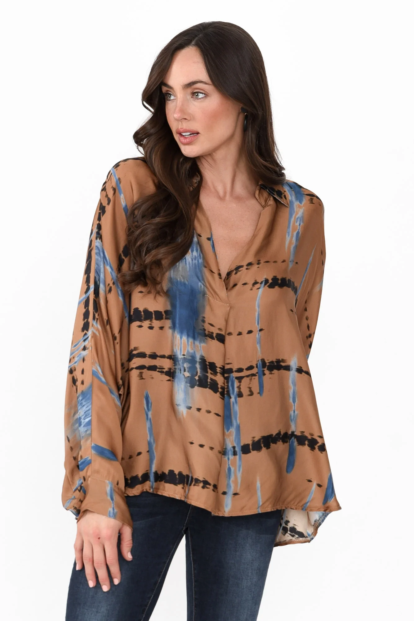 Monroe Tan Abstract Silk Blend Top