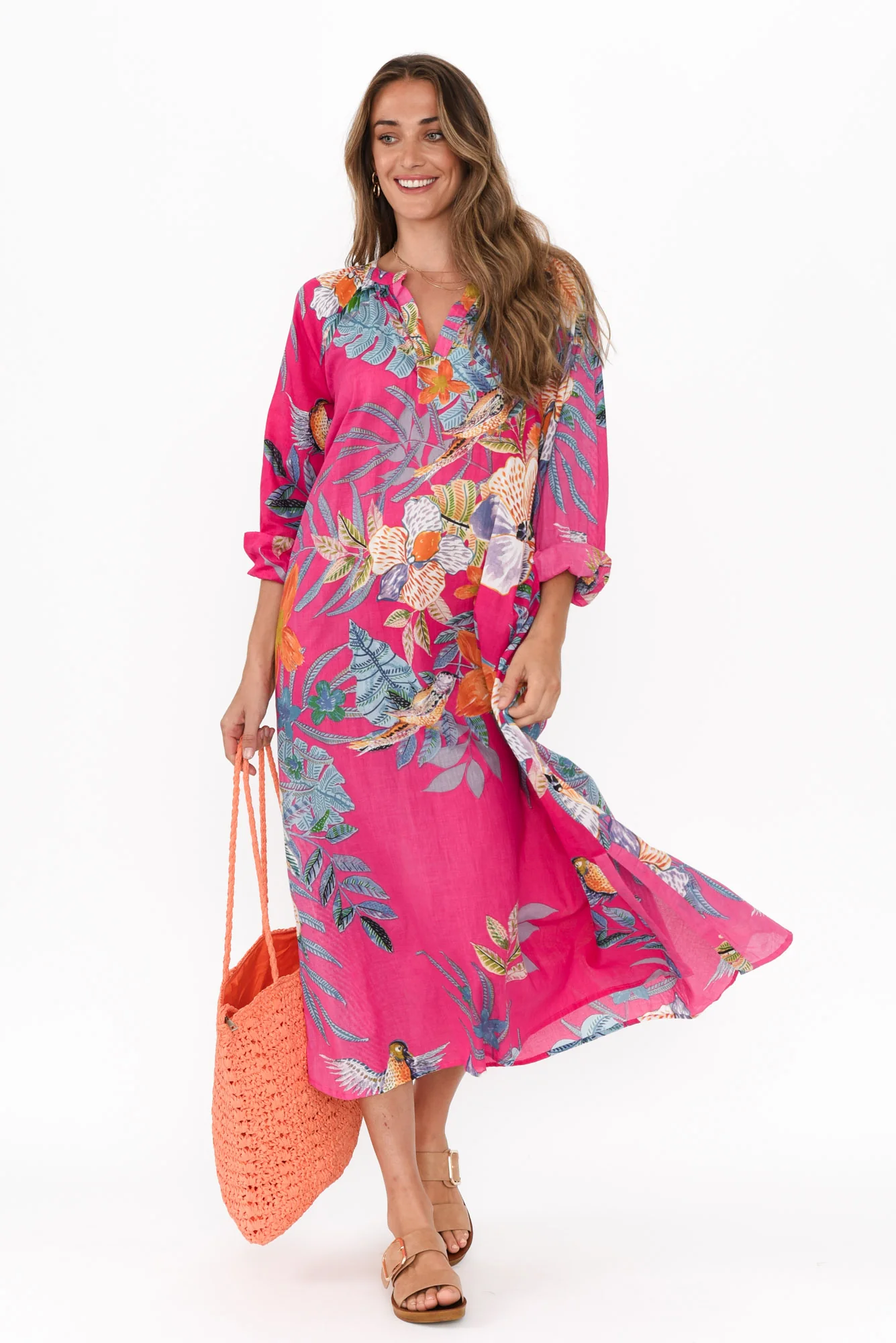 Liliana Pink Bird Cotton Kaftan