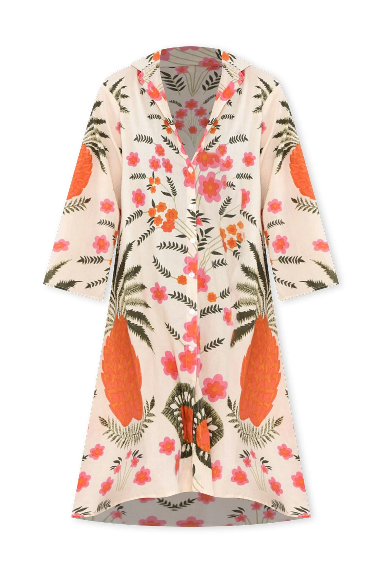 Stav Orange Tropical Cotton Button Kaftan