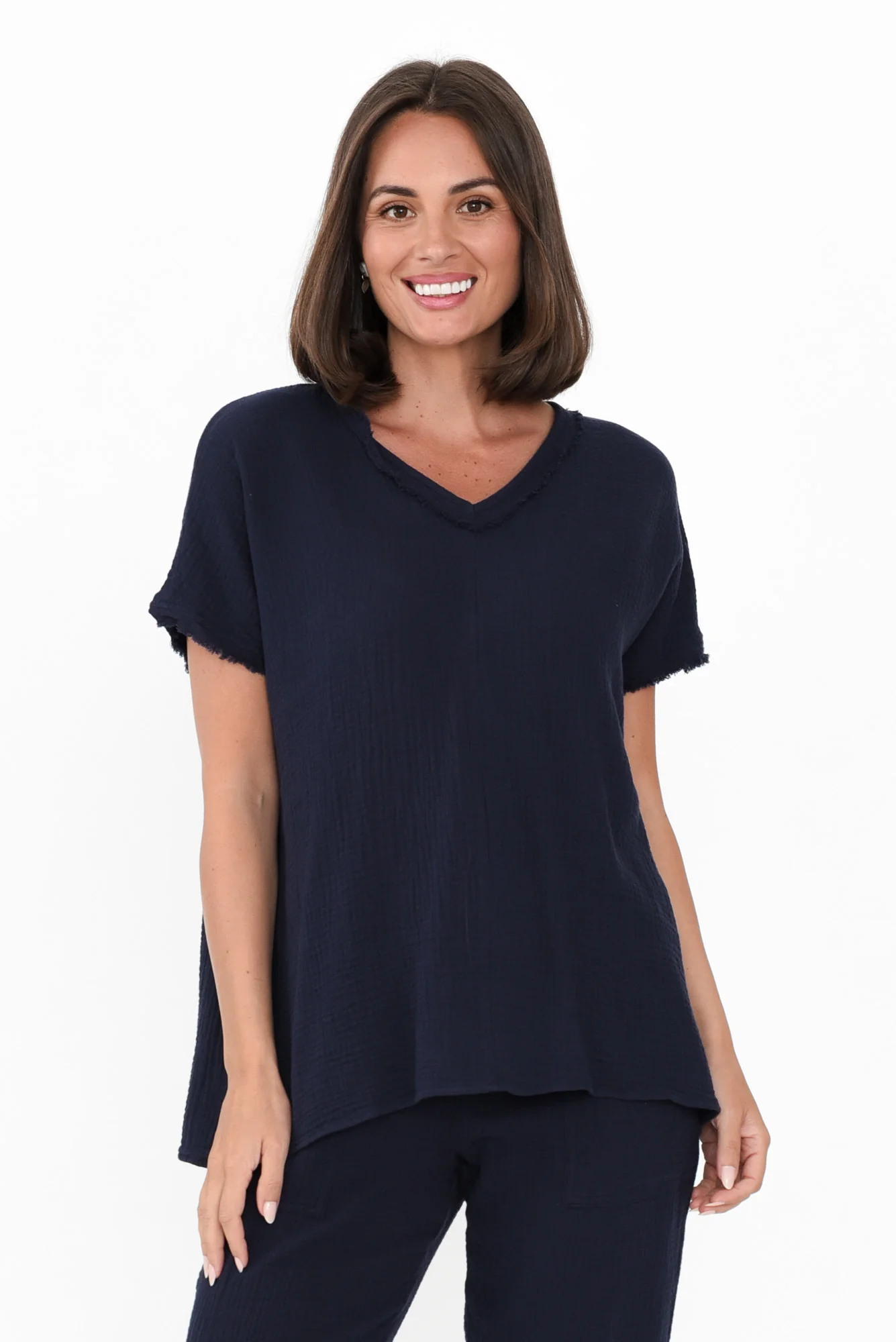 Haltia Navy Cotton Cheesecloth V Neck Top