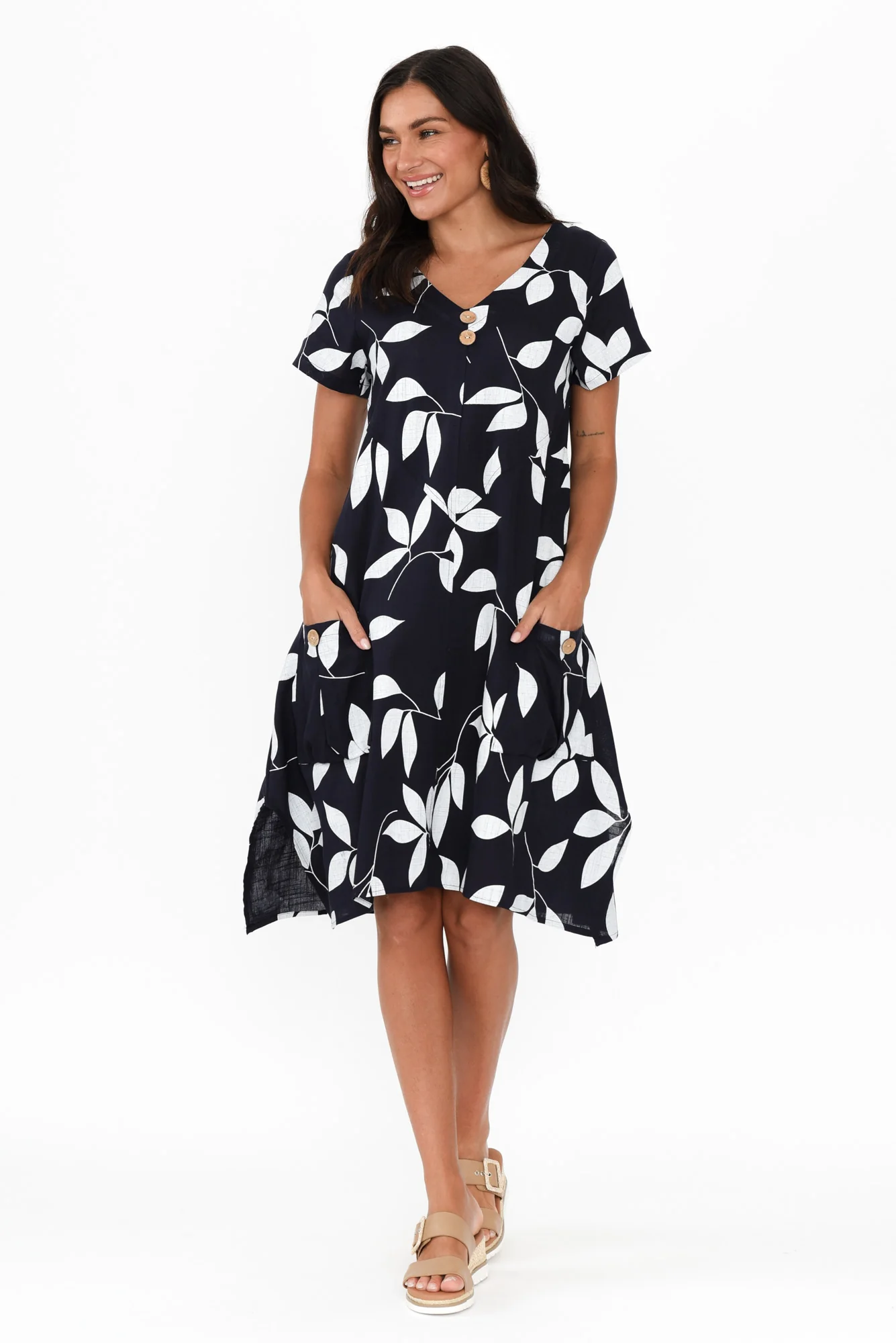 Bryant Navy Leaf Linen Cotton Dress