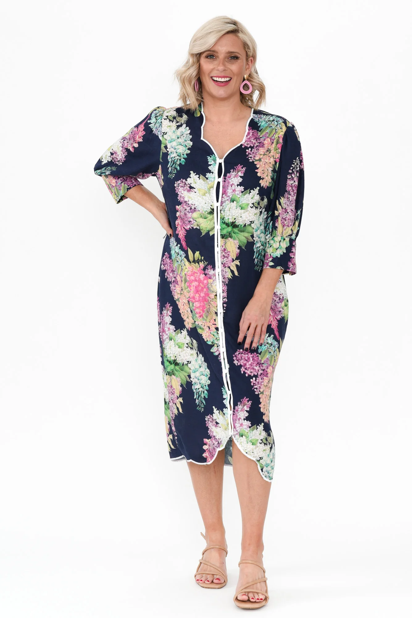 Augustine Navy Wisteria Linen Blend Dress