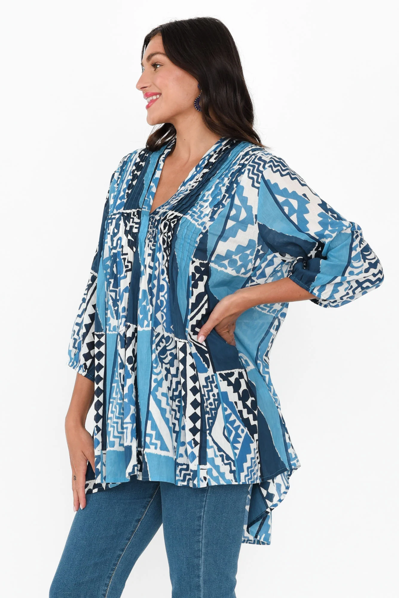 Alexa Blue Motif Cotton V Neck Top