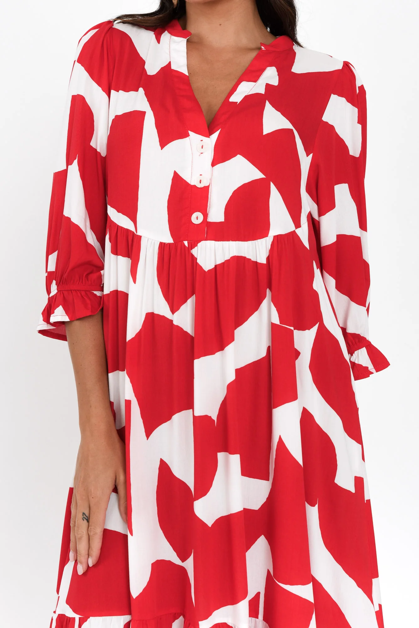 Leela Red Abstract Sleeved Dress