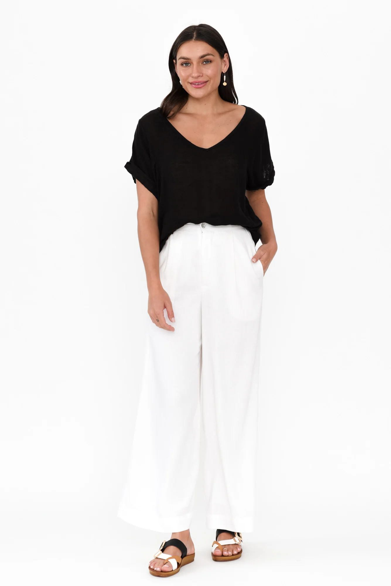 Aspen White Linen Blend Wide Leg Pants
