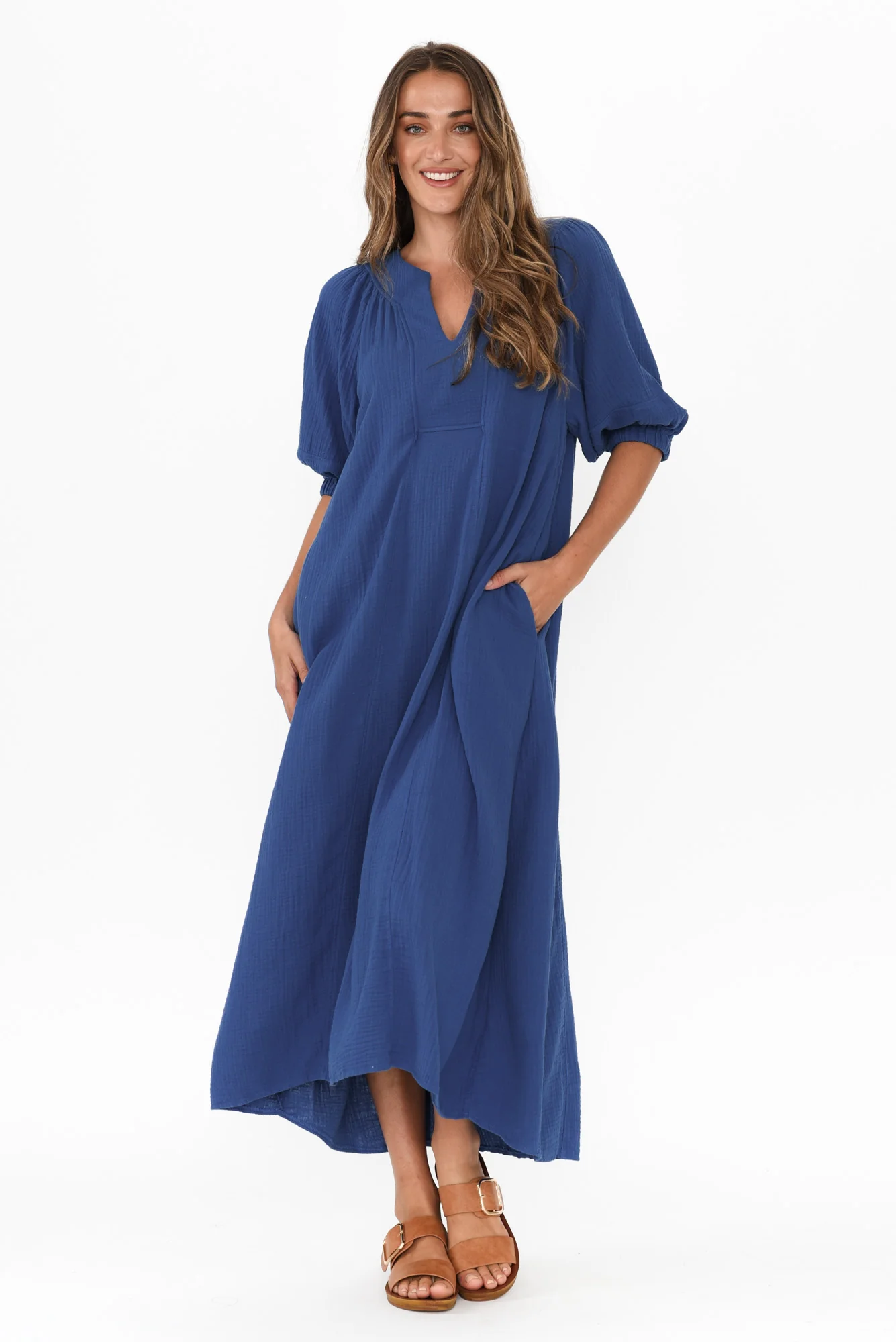 Neila Cobalt Cotton Cheesecloth Midi Dress