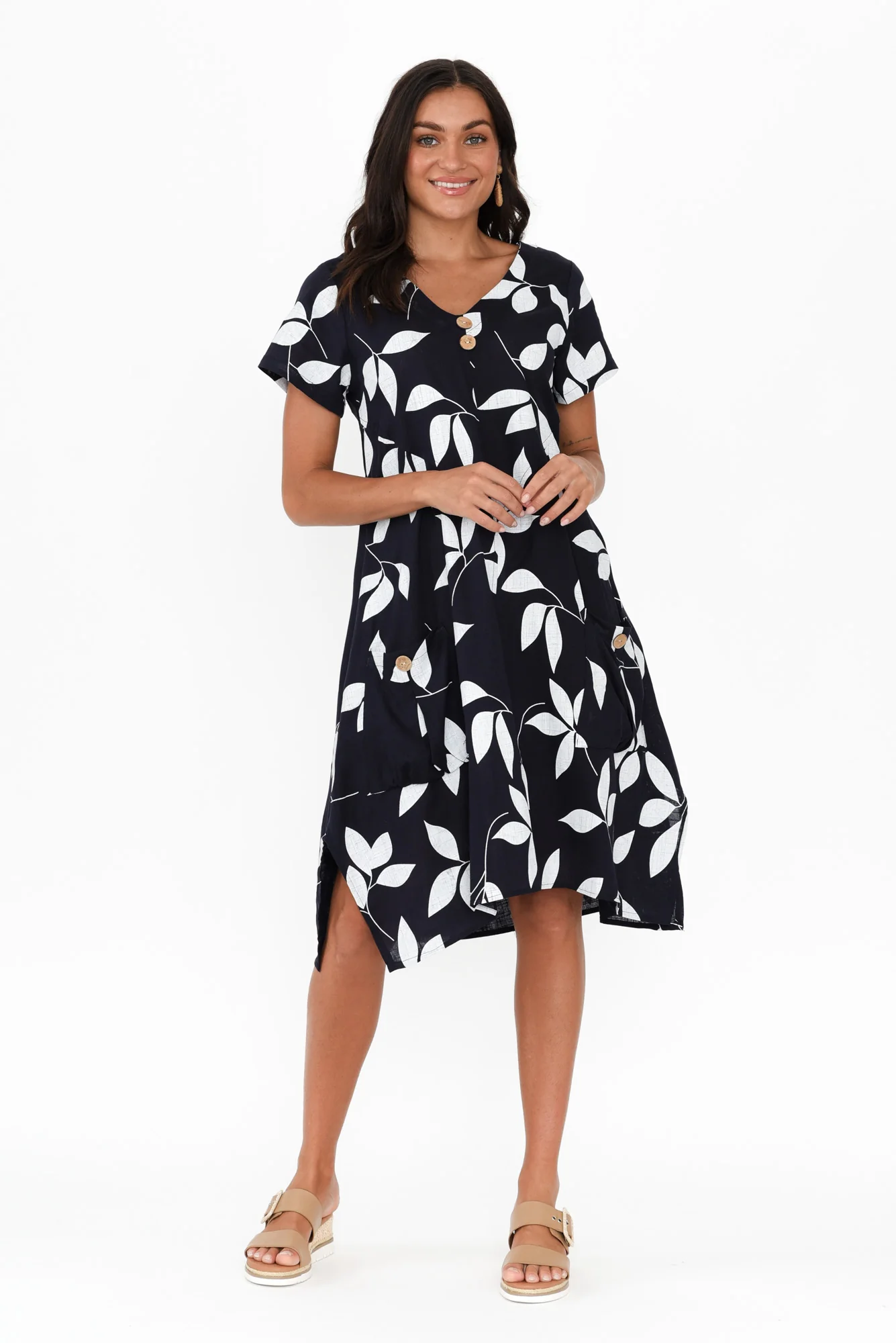 Bryant Navy Leaf Linen Cotton Dress
