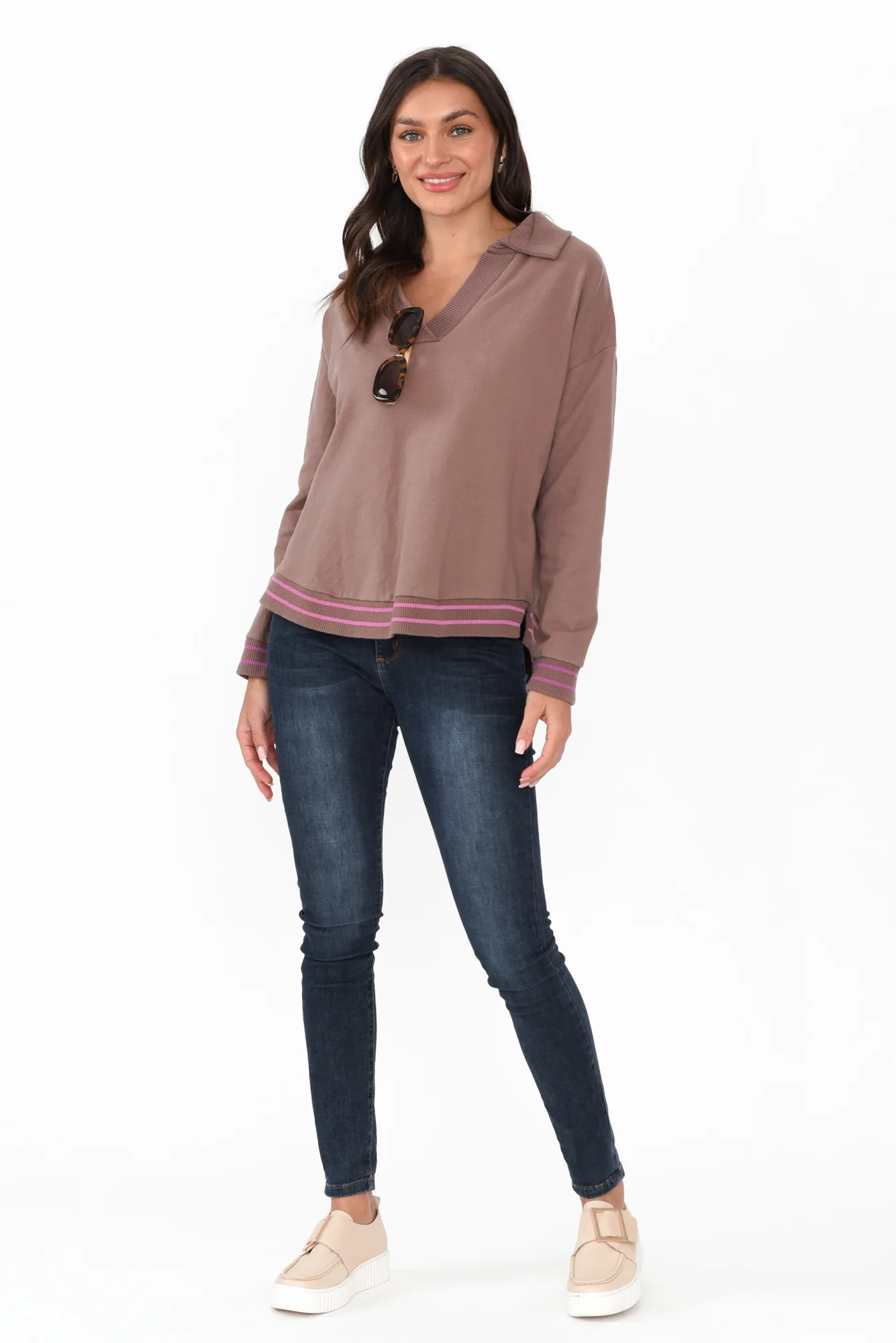 Katra Brown Trim Cotton Blend Top