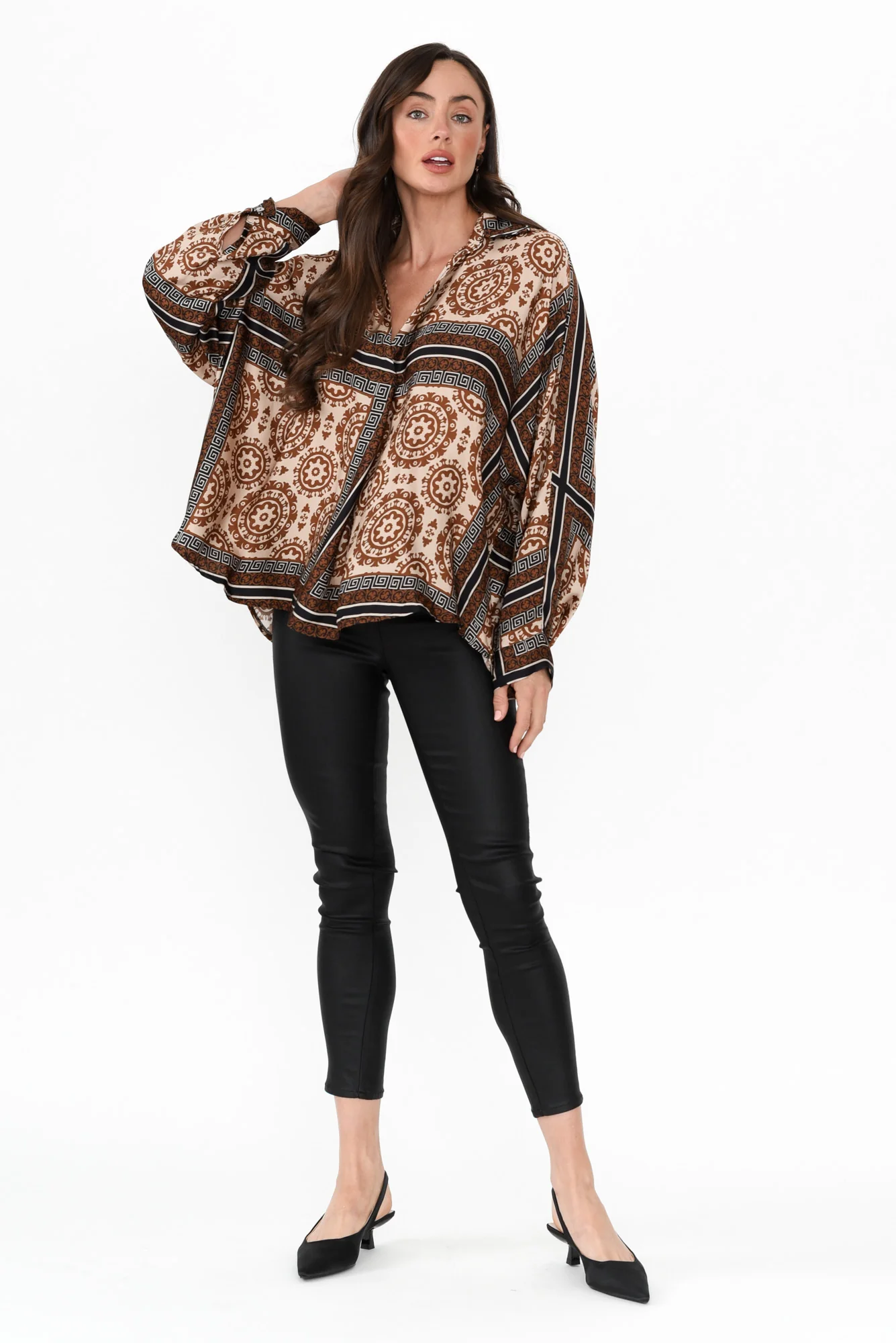 Monroe Brown Geo Silk Blend Top