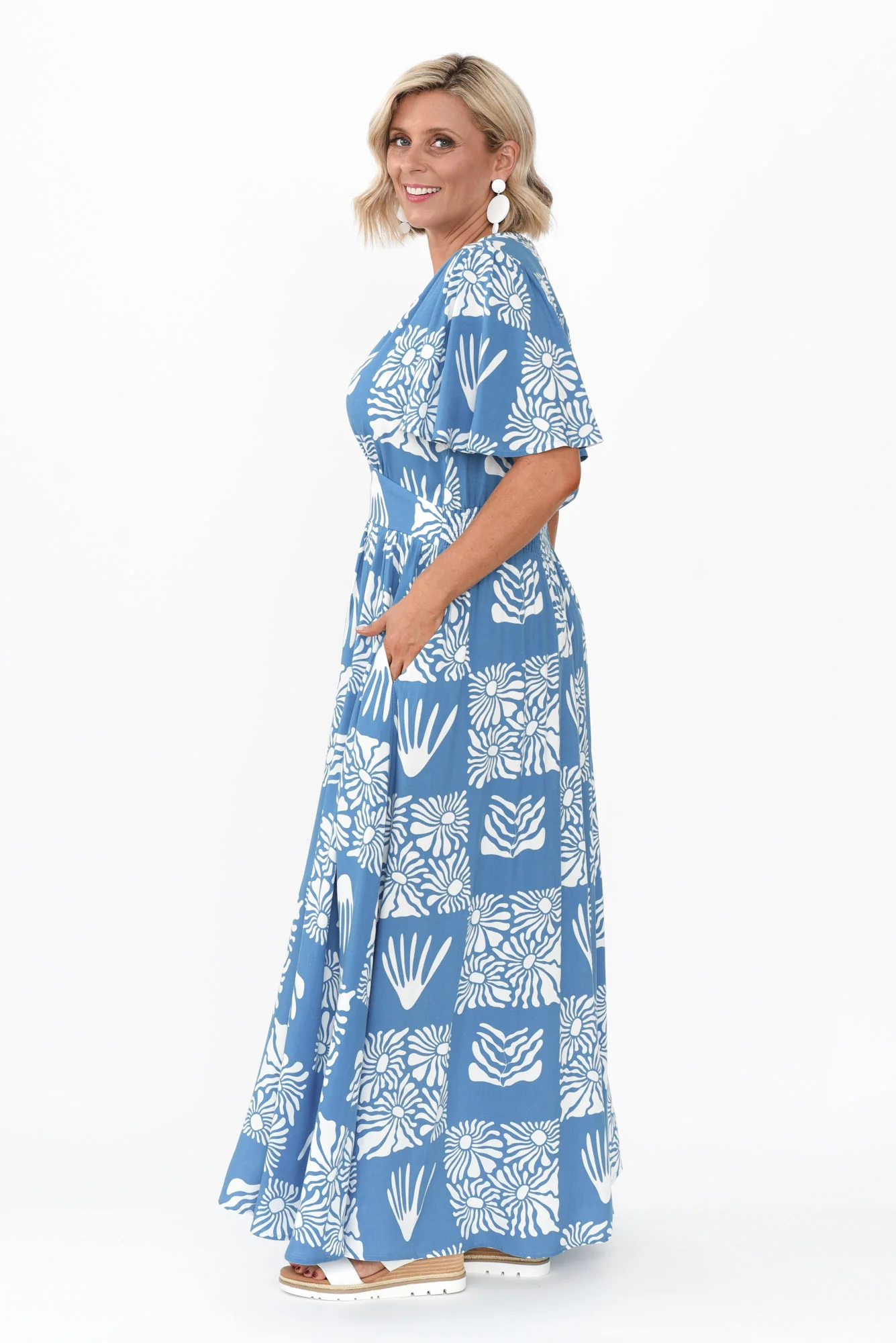 Ora Blue Floral Flutter Sleeve Dress