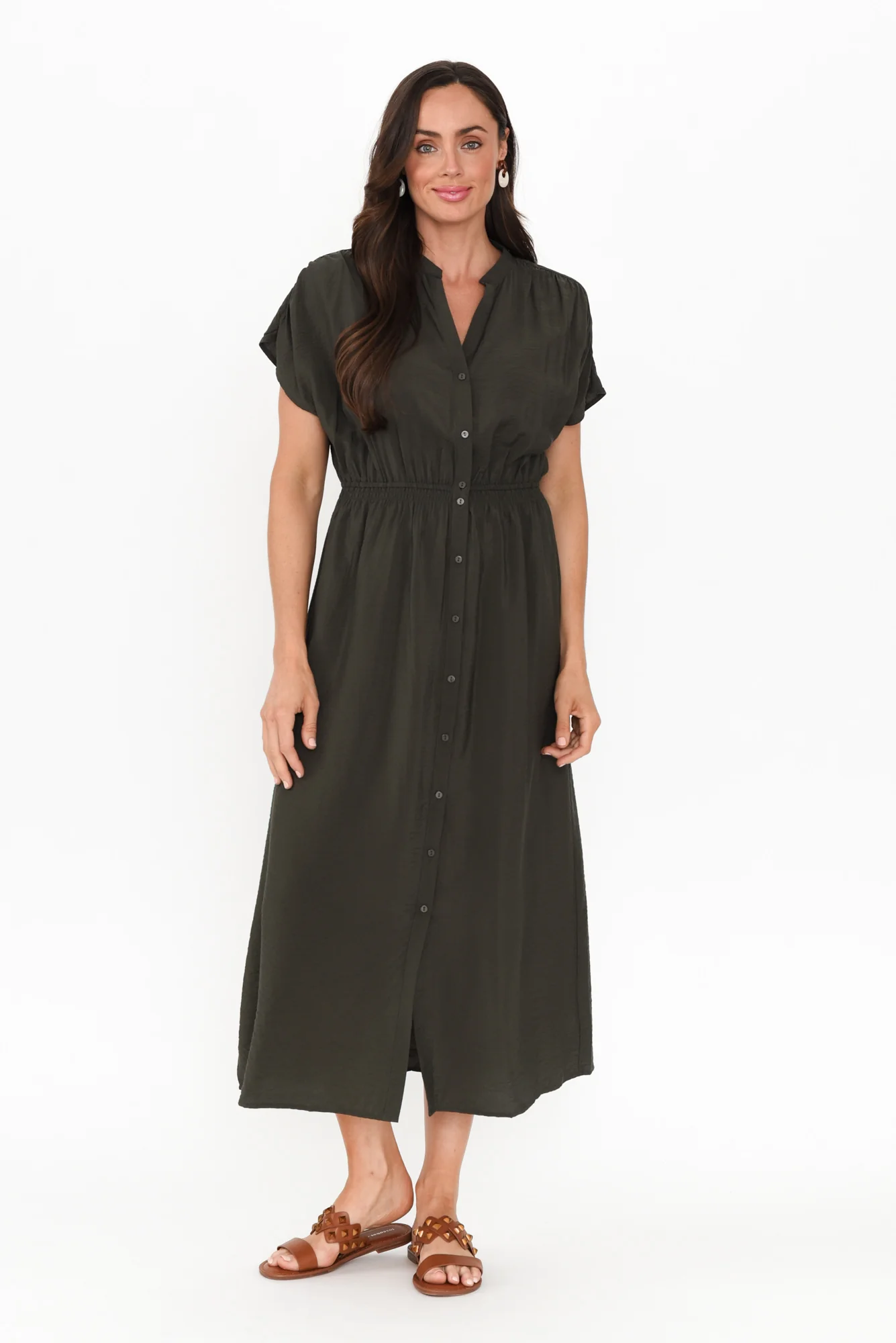 Simone Khaki Button Dress