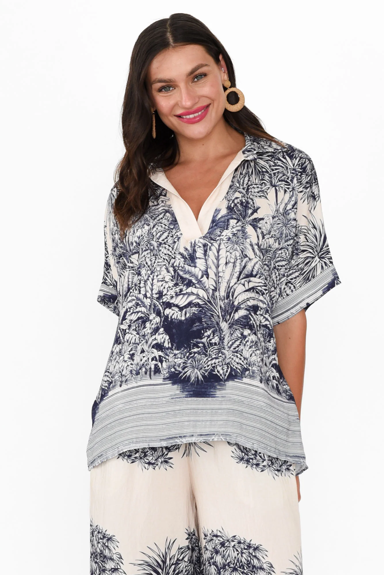 Callista Navy Jungle Collared Top