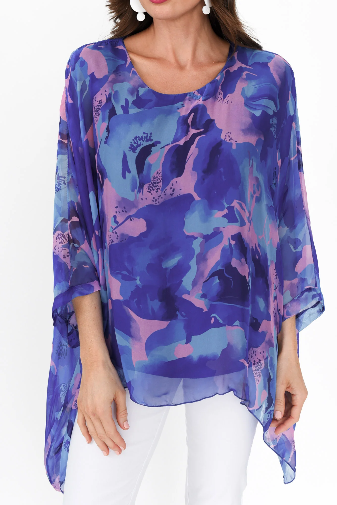 Trevino Blue Abstract Silk Overlay Top