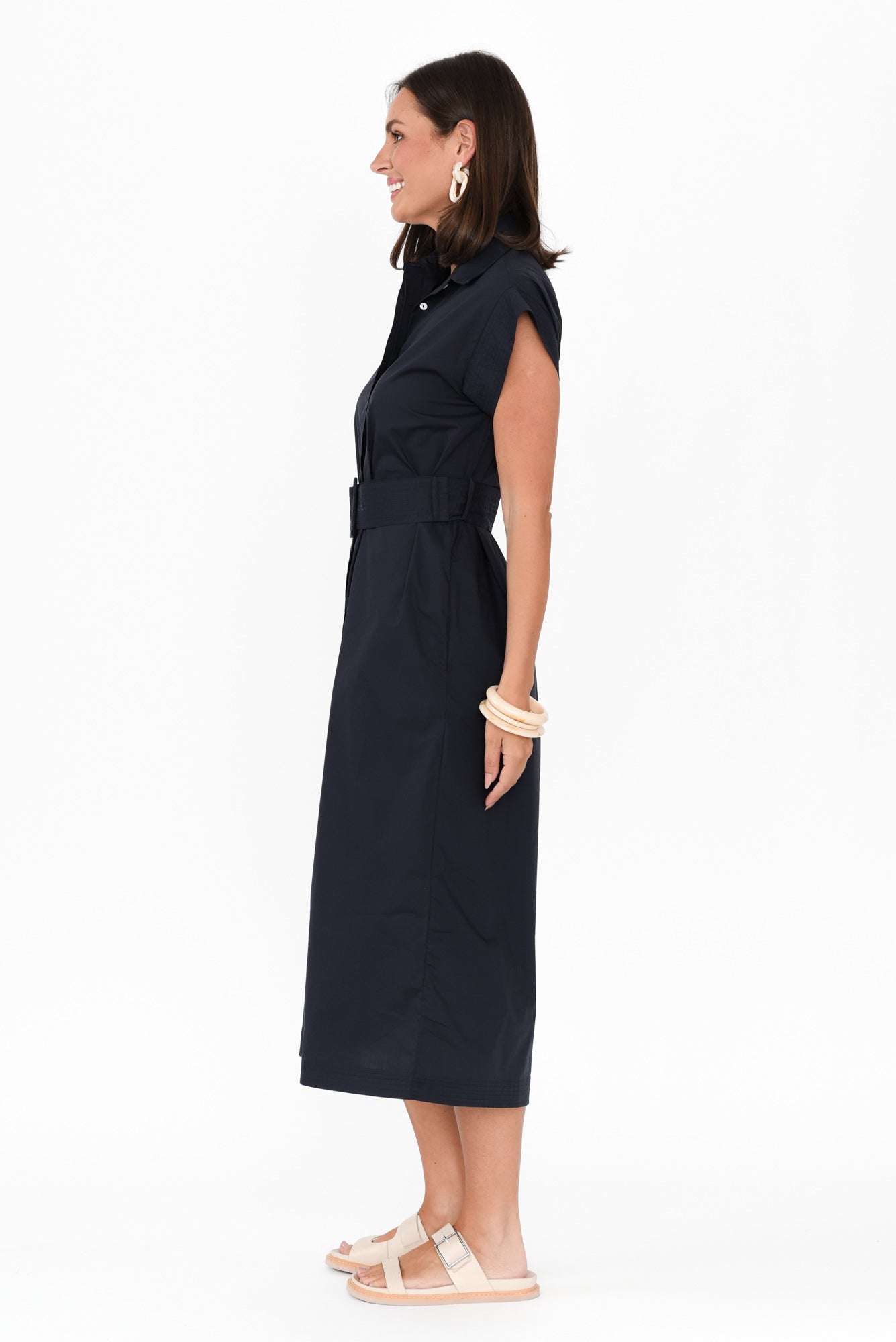 Gail Navy Cotton Belted Dress