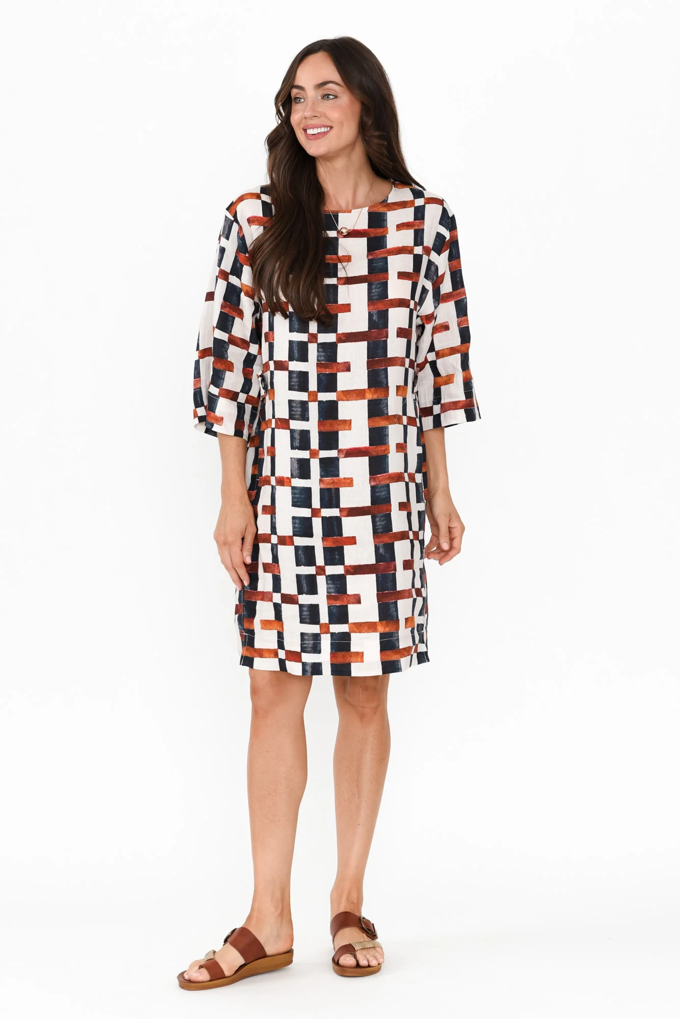 Stiles Brown Geo Linen Belted Dress