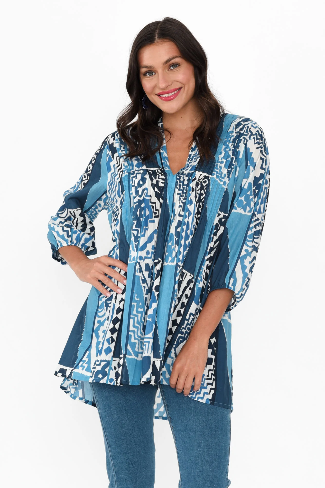 Alexa Blue Motif Cotton V Neck Top