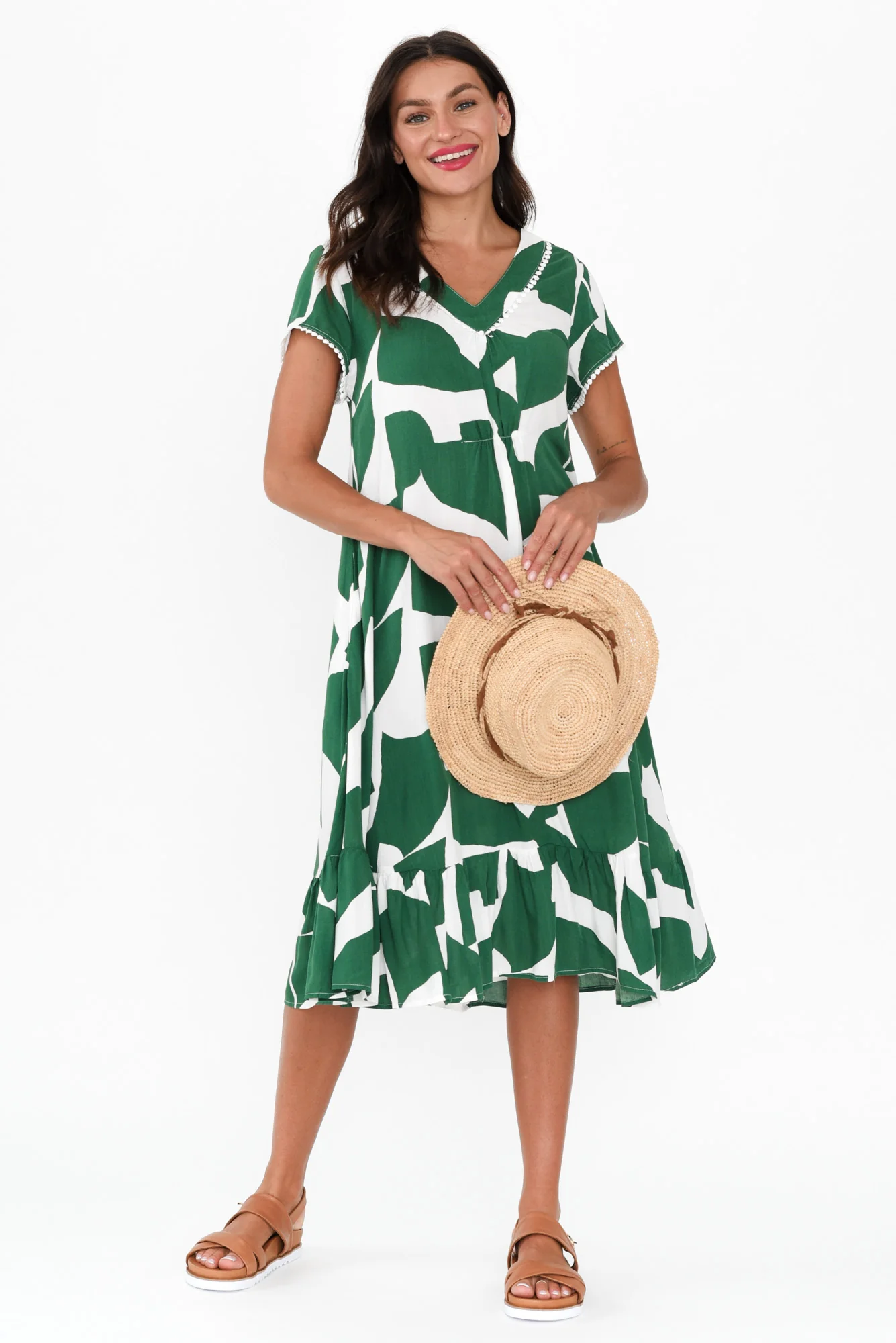 Karlie Green Abstract V Neck Dress