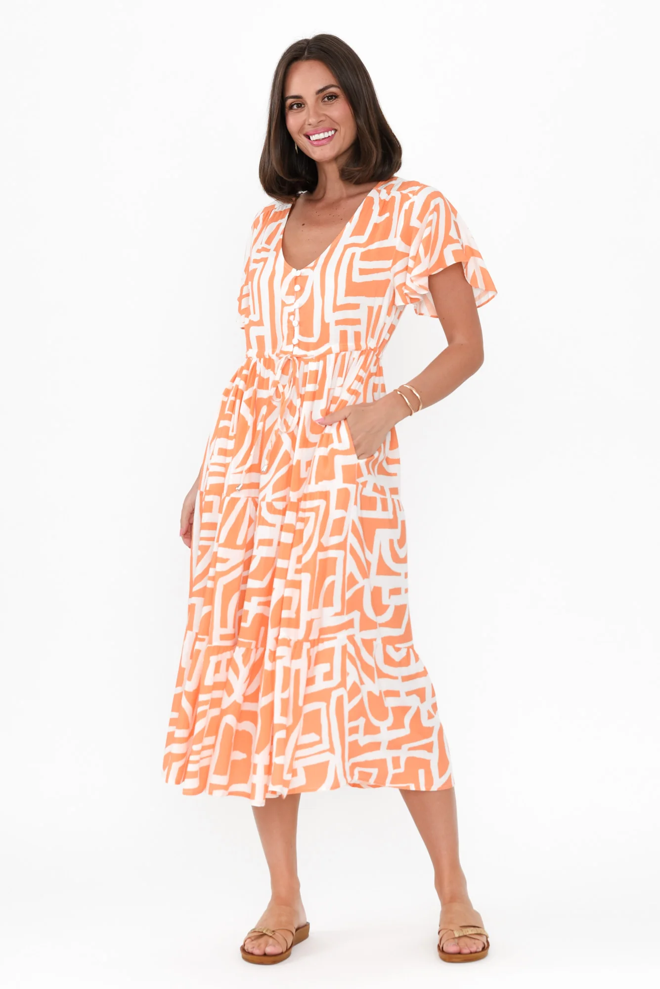 Johanne Orange Abstract Tie Dress