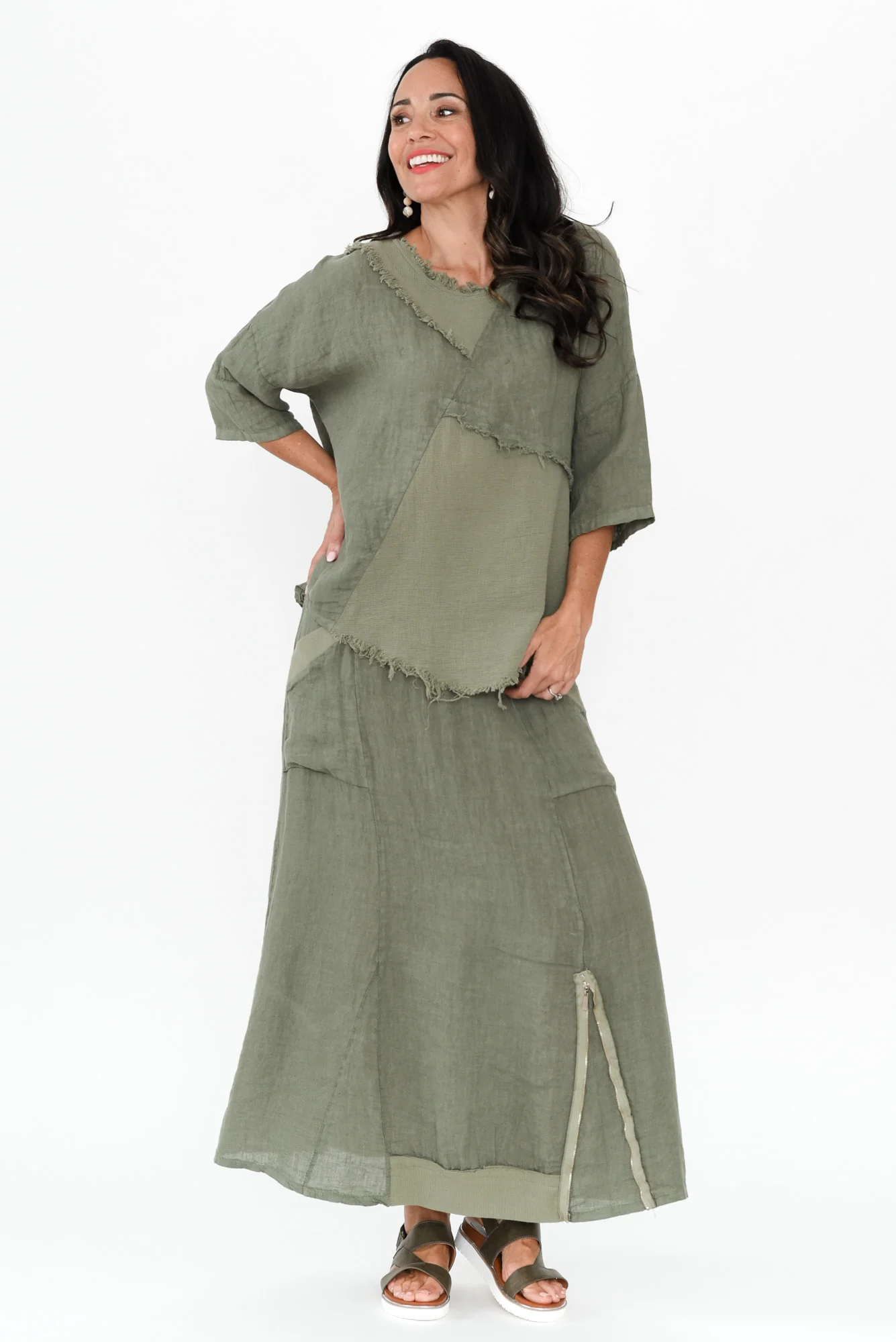 Denae Khaki Linen Frayed Top