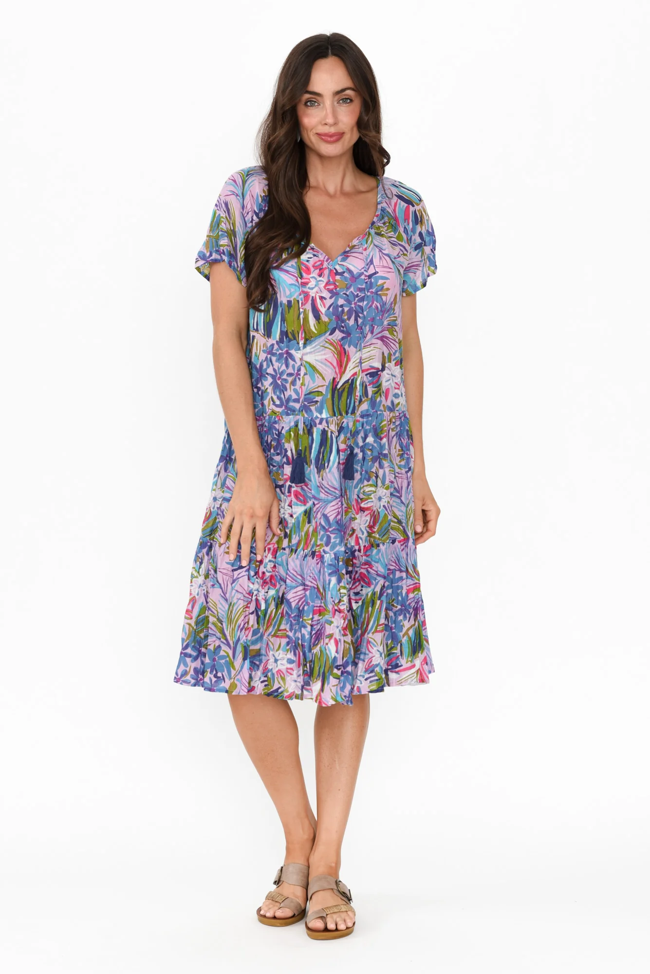 Bessie Purple Floral Cotton Tier Dress