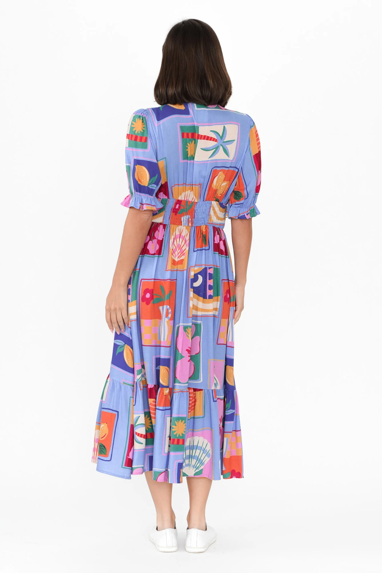 Beatrice Blue Tile Puff Sleeve Dress