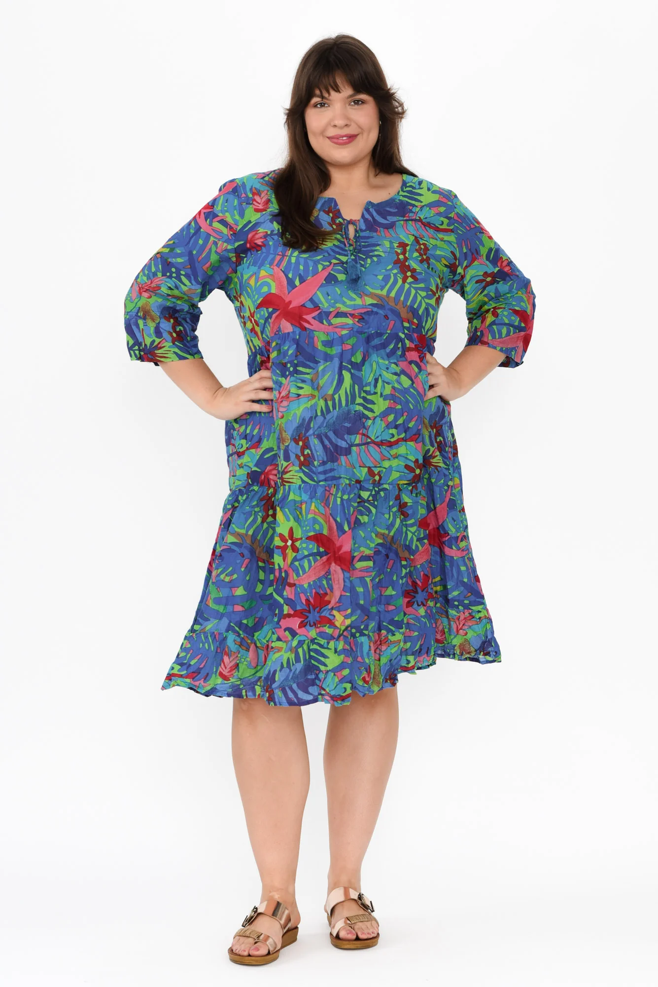 Milana Blue Leaf Crinkle Cotton Dress