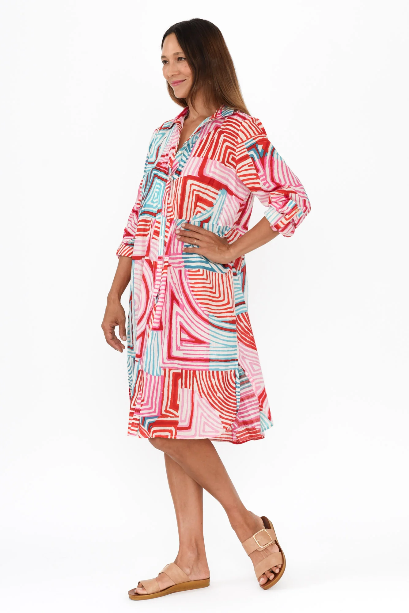 Maya Pink Geo Cotton Shirt Dress