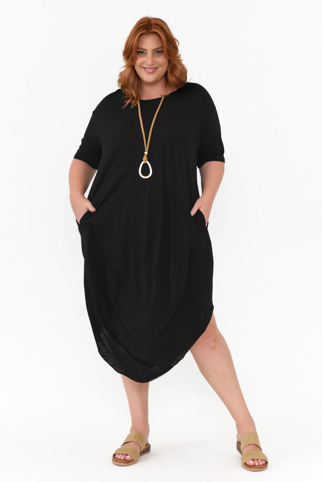 Mita Black Cotton Slub Scoop Dress