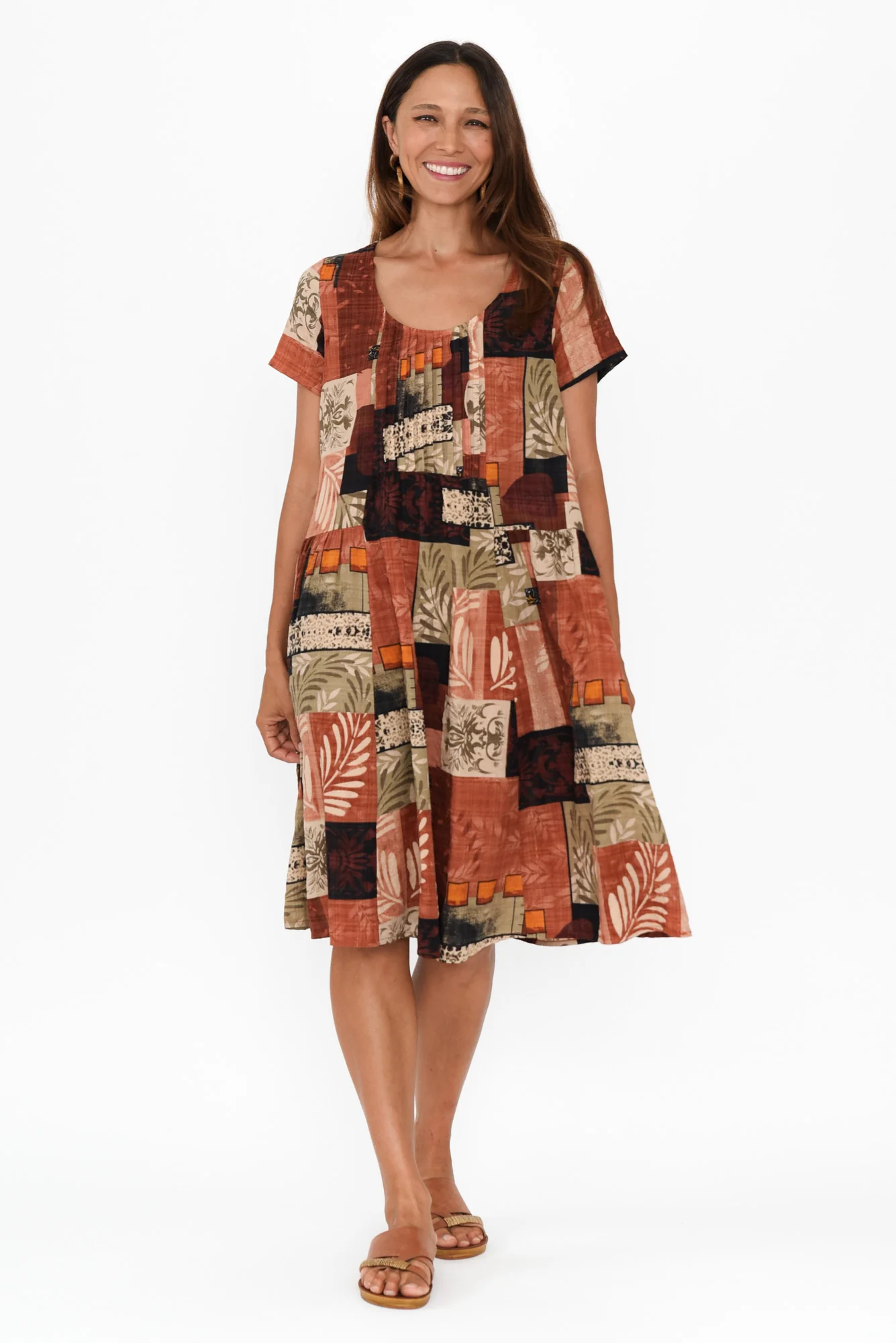 Hanoi Brown Patchwork Cotton Blend Dress