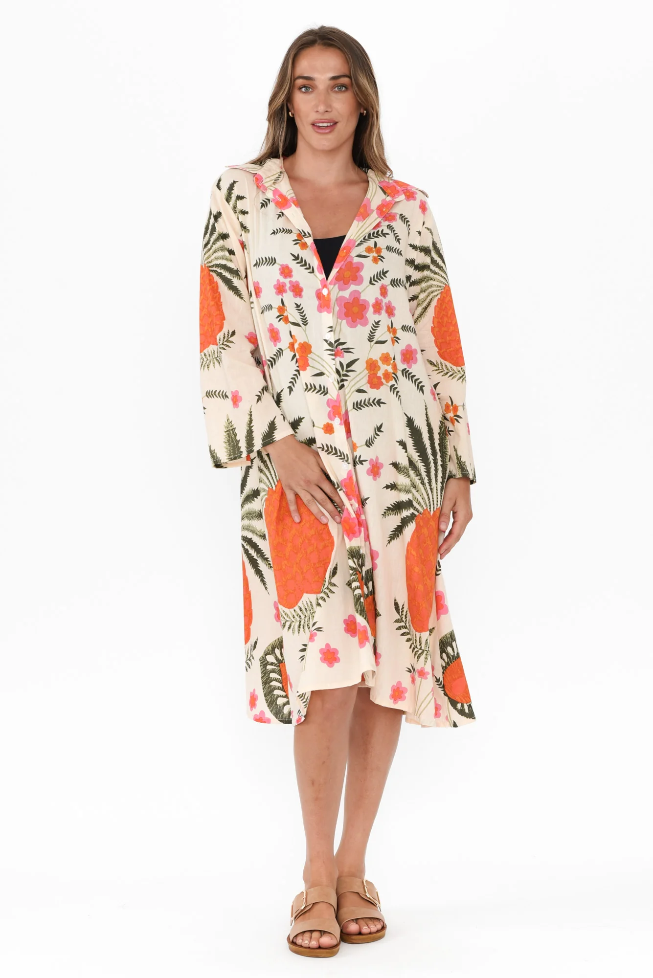 Stav Orange Tropical Cotton Button Kaftan