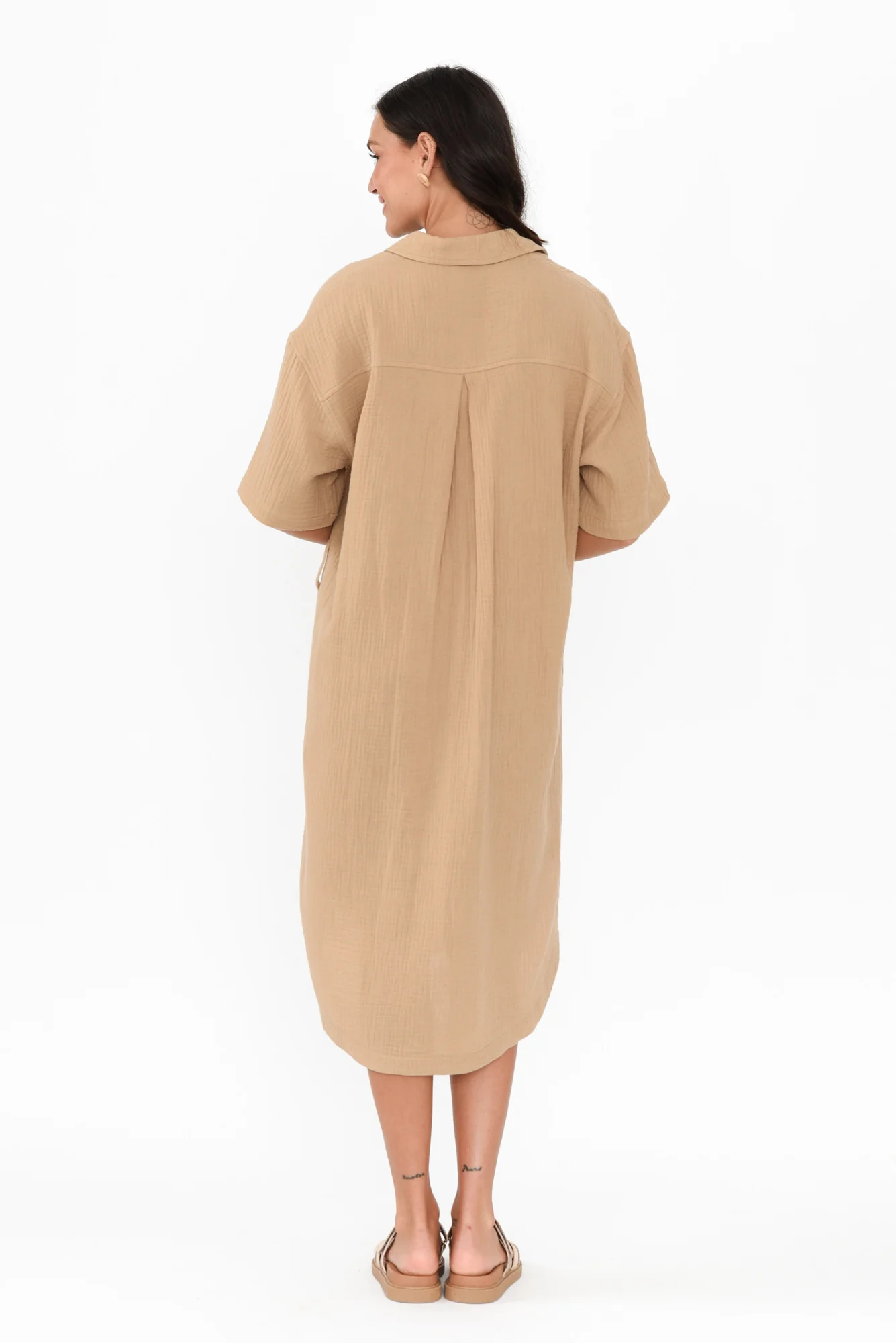 Tahiti Beige Cotton Cheesecloth Tie Dress