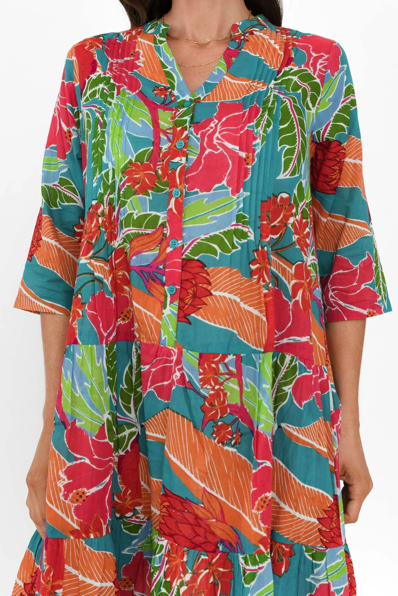 Larissa Emerald Tropical Cotton Pleated Dress