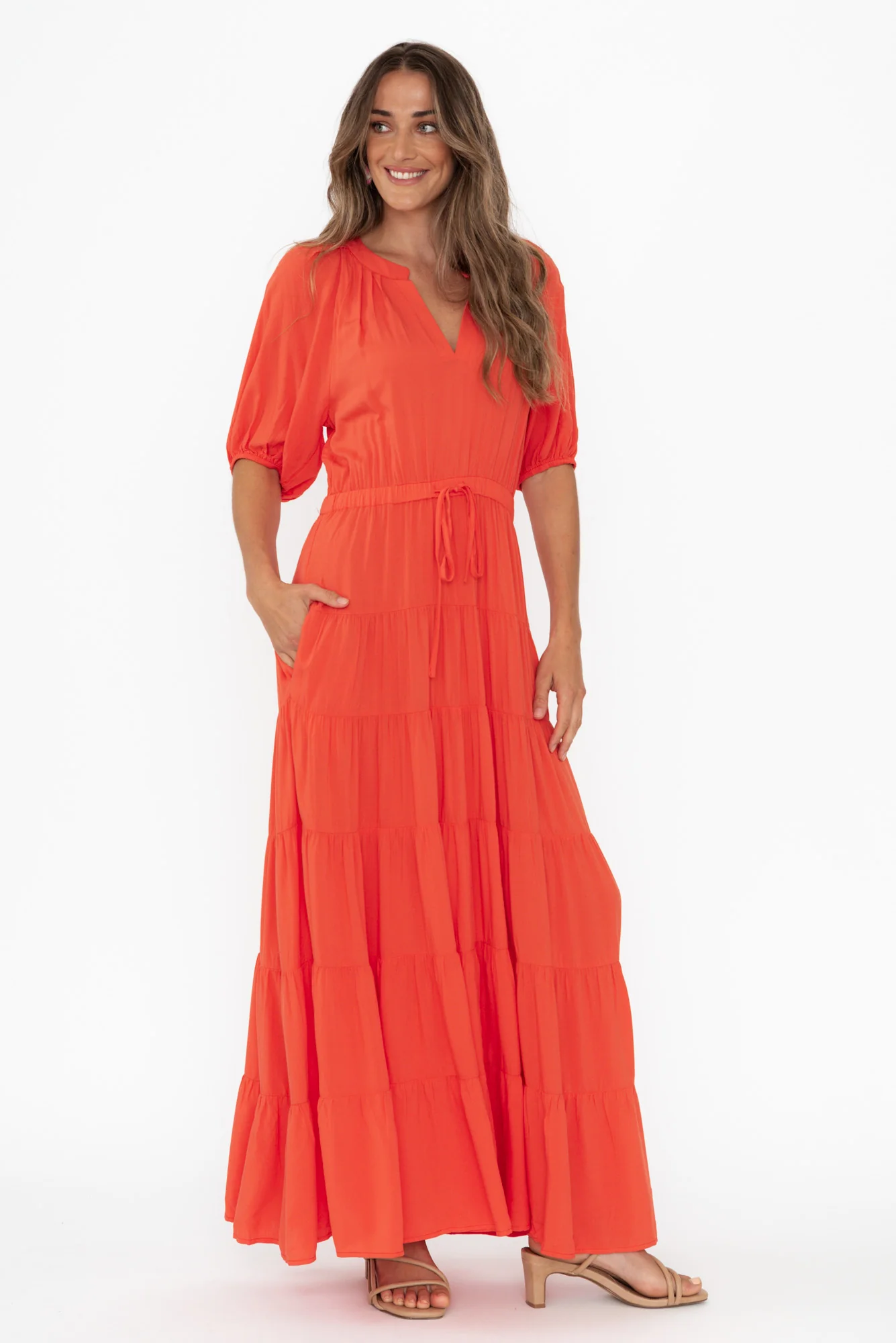 Aleja Red Drawstring Tier Dress