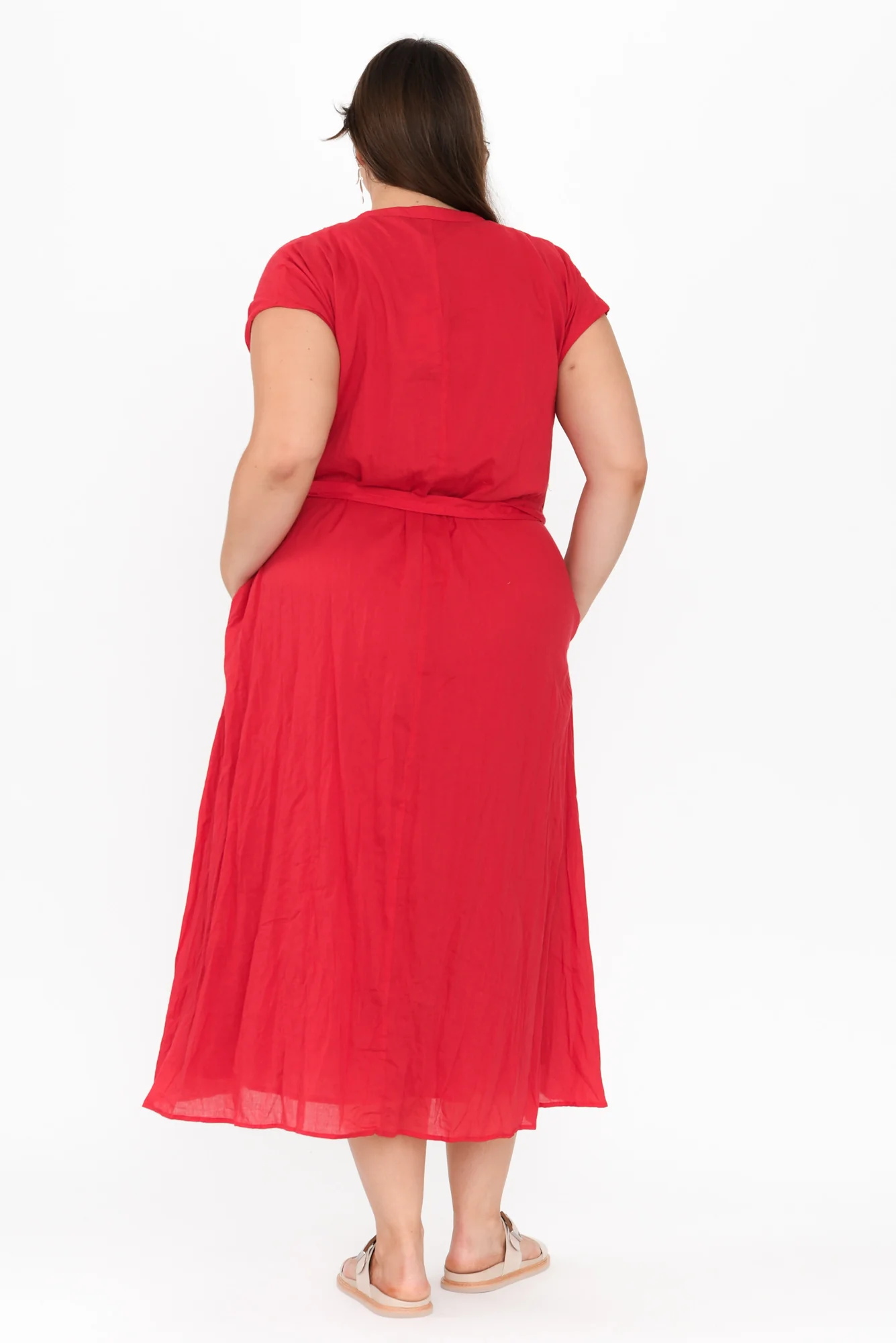 Octavia Red Crinkle Cotton Button Dress