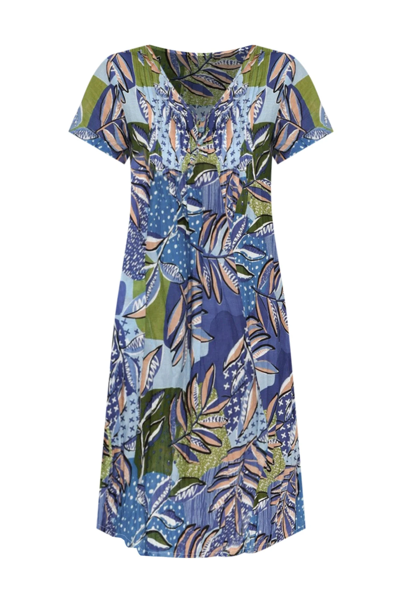Sabina Blue Foliage Crinkle Cotton Dress