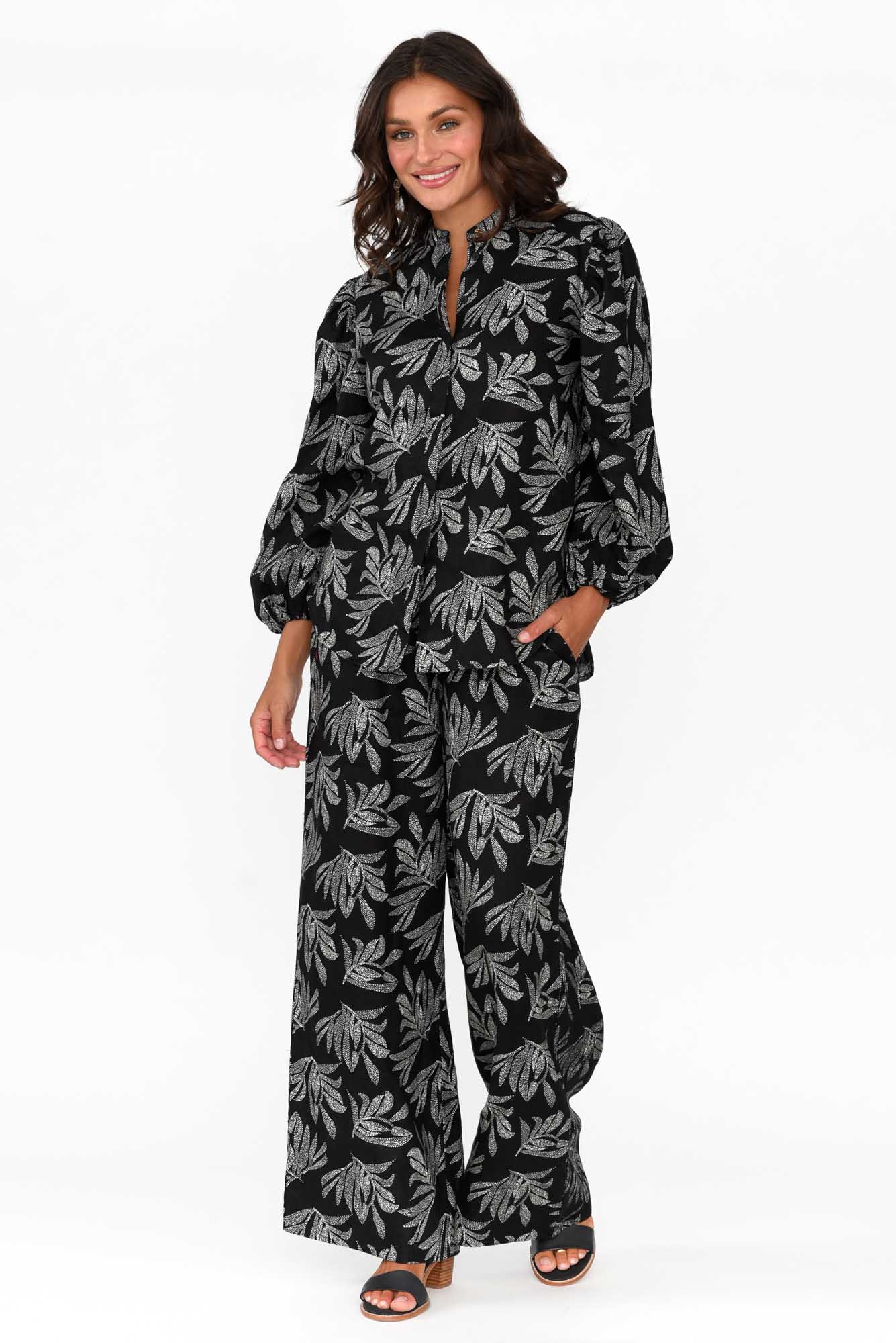 Eleri Black Palm Linen Wide Leg Pants