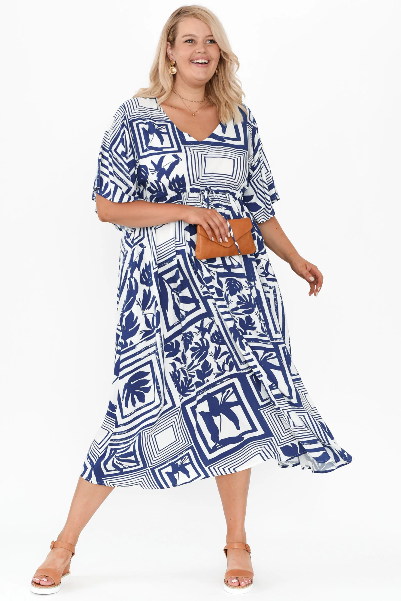 Jennifer Blue Tile Flutter Sleeve Dress