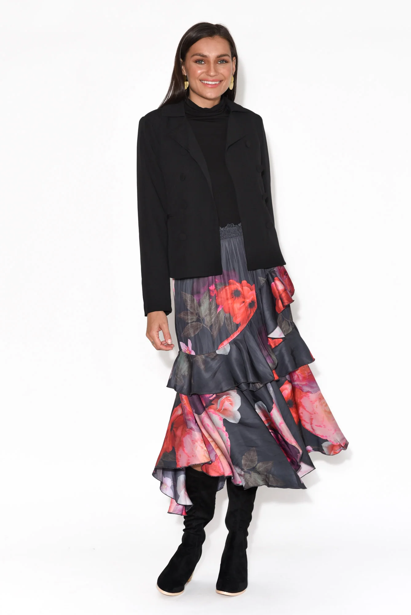 Enough Navy Floral Ruffle Skirt