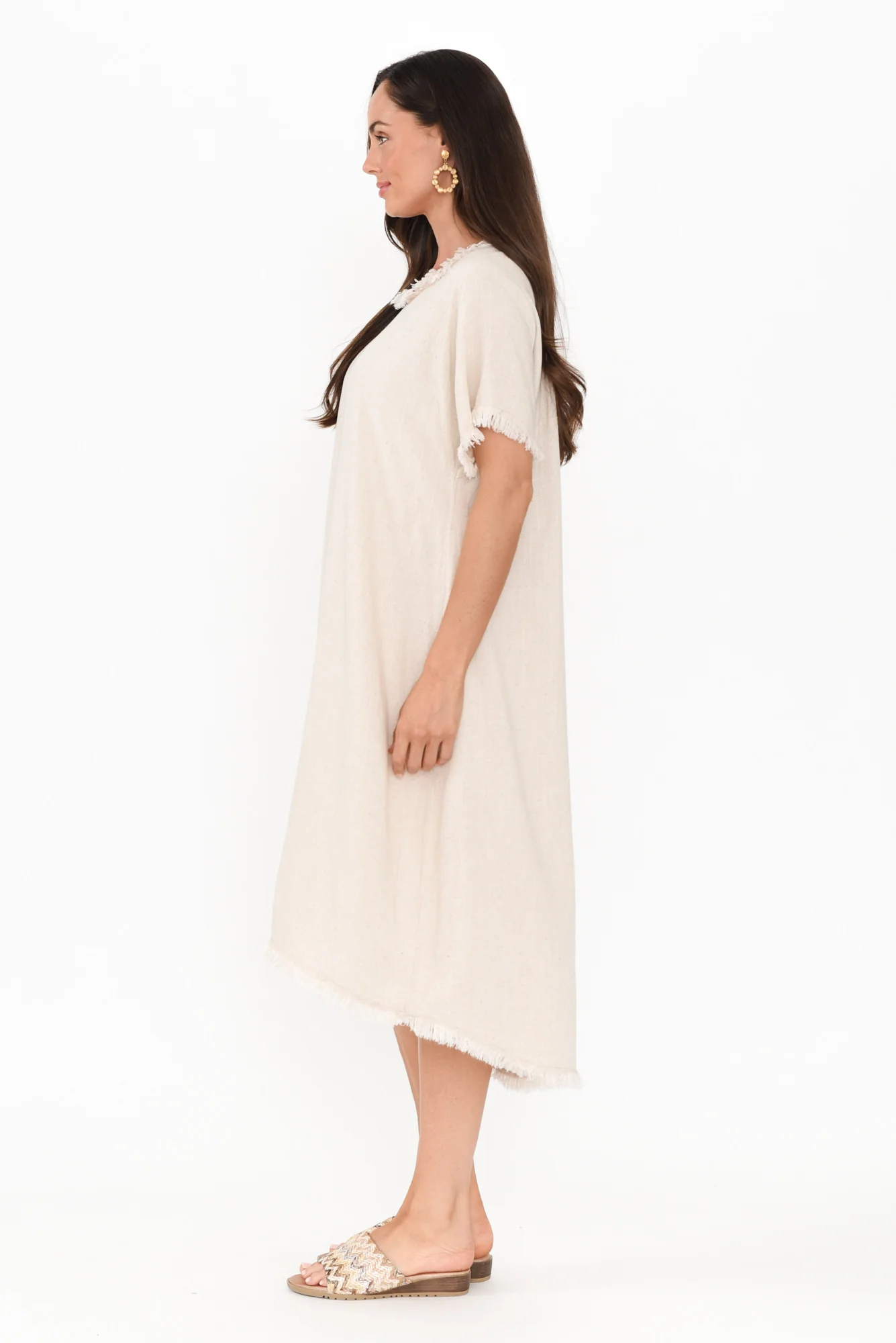 Humphrey Beige Cotton Linen Frayed Dress