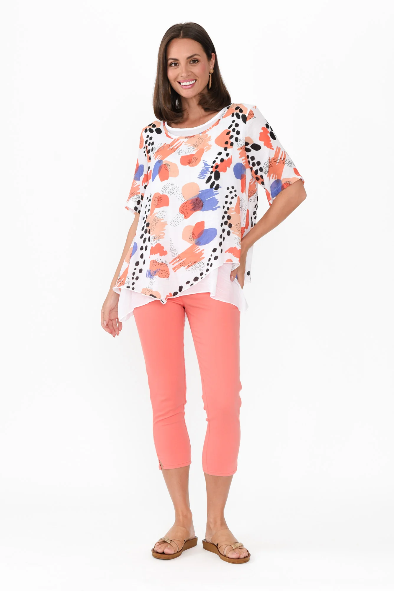 Nias Orange Abstract Cotton Linen Top