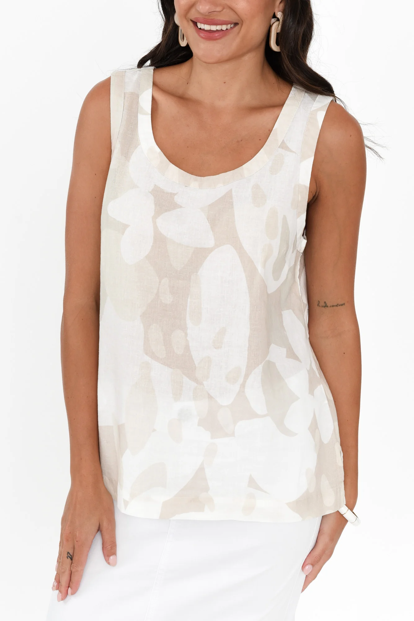 Katsia Beige Abstract Linen Cotton Tank
