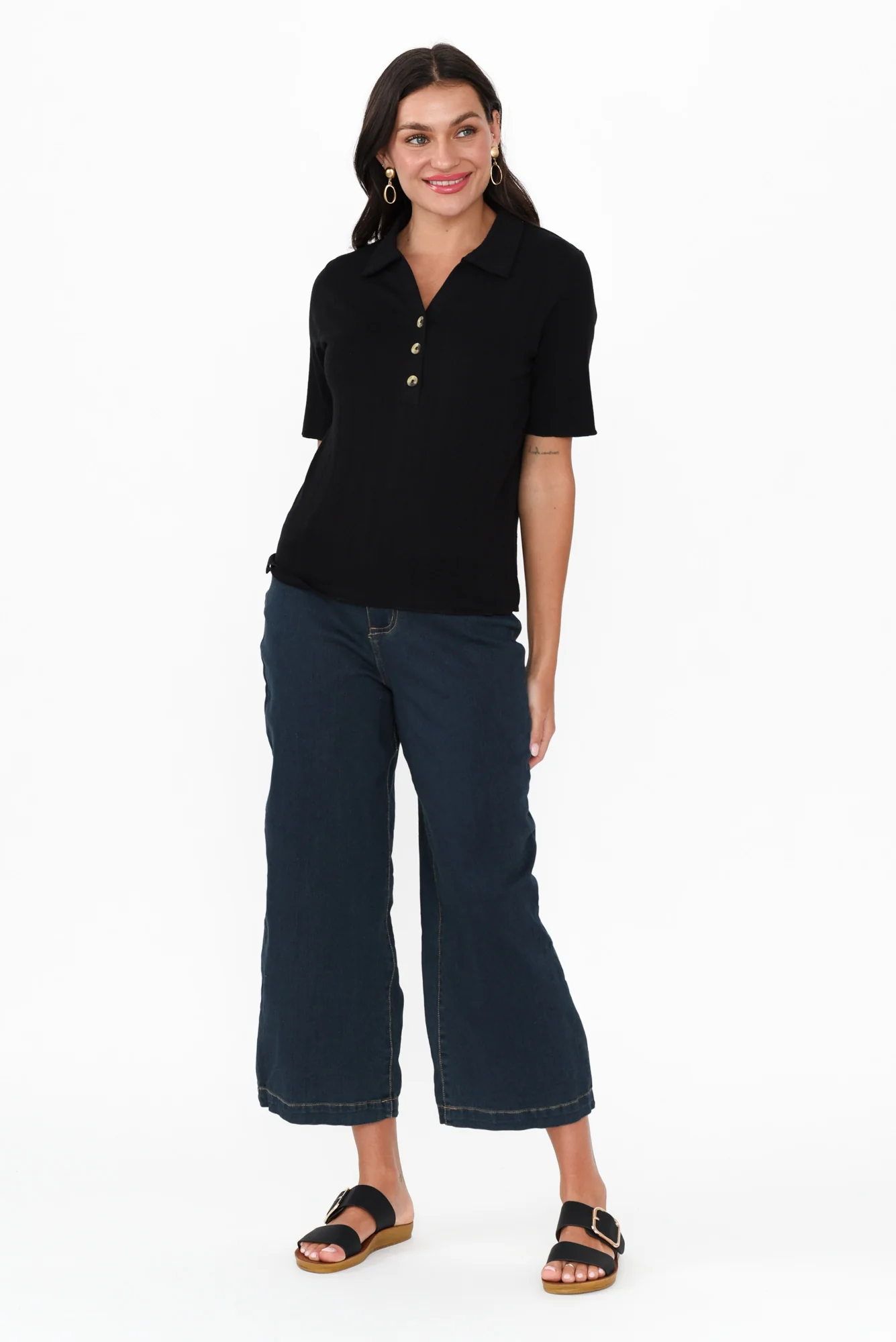 Novi Black Cotton Blend Ribbed Top