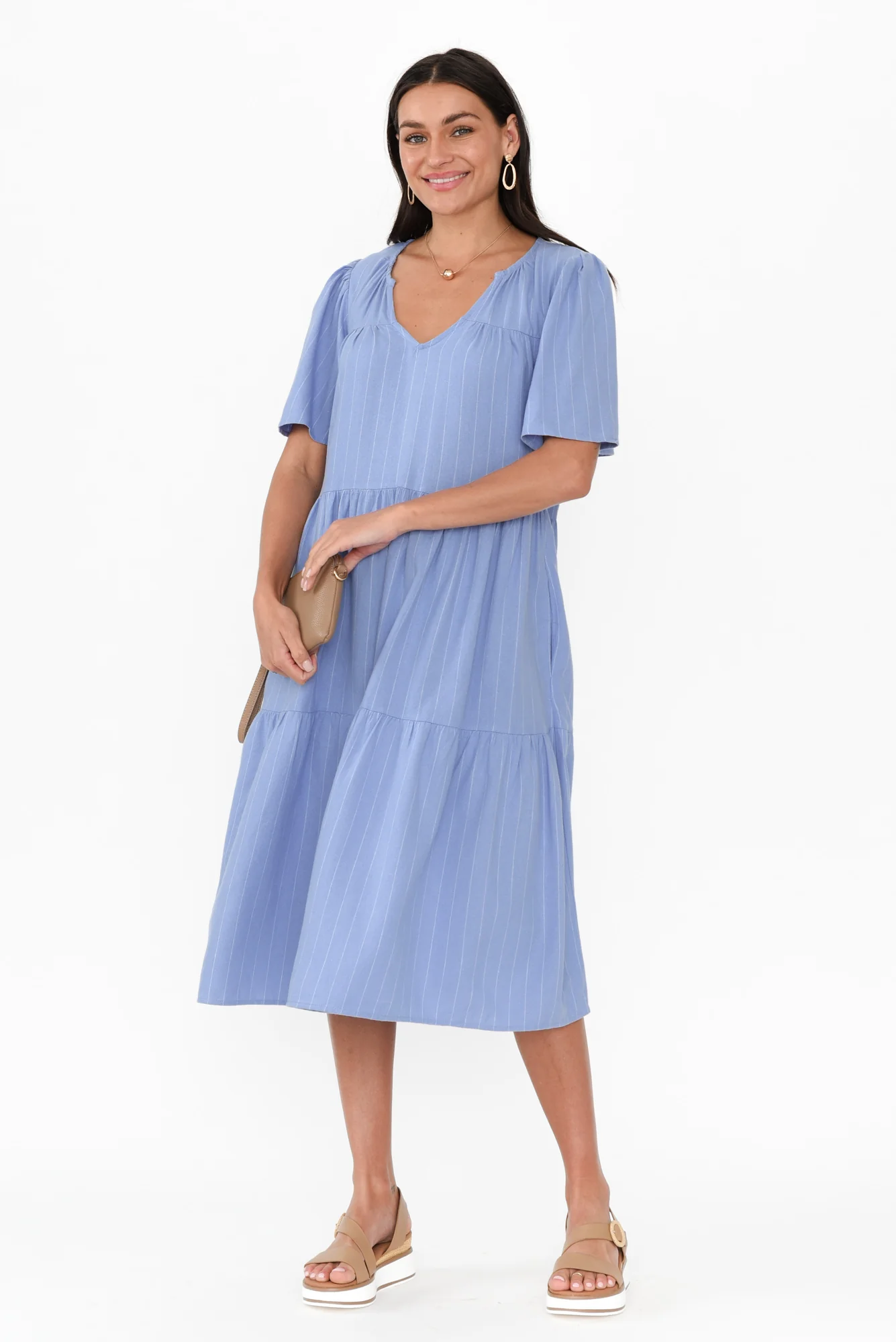Regina Blue Linen Blend Tier Dress