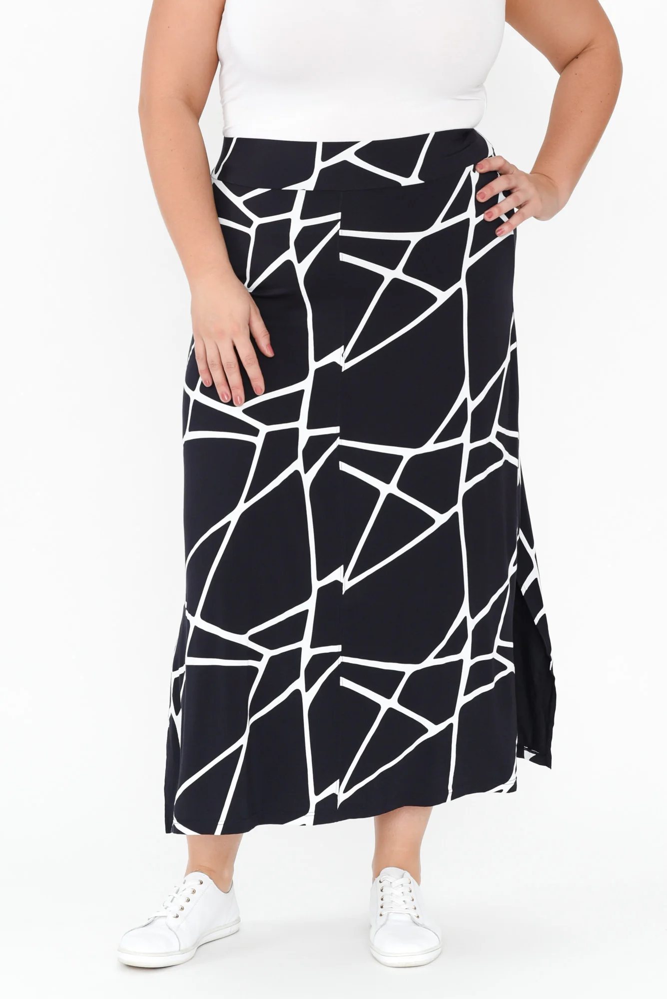 Navy Marble Micro Modal Long Panel Skirt