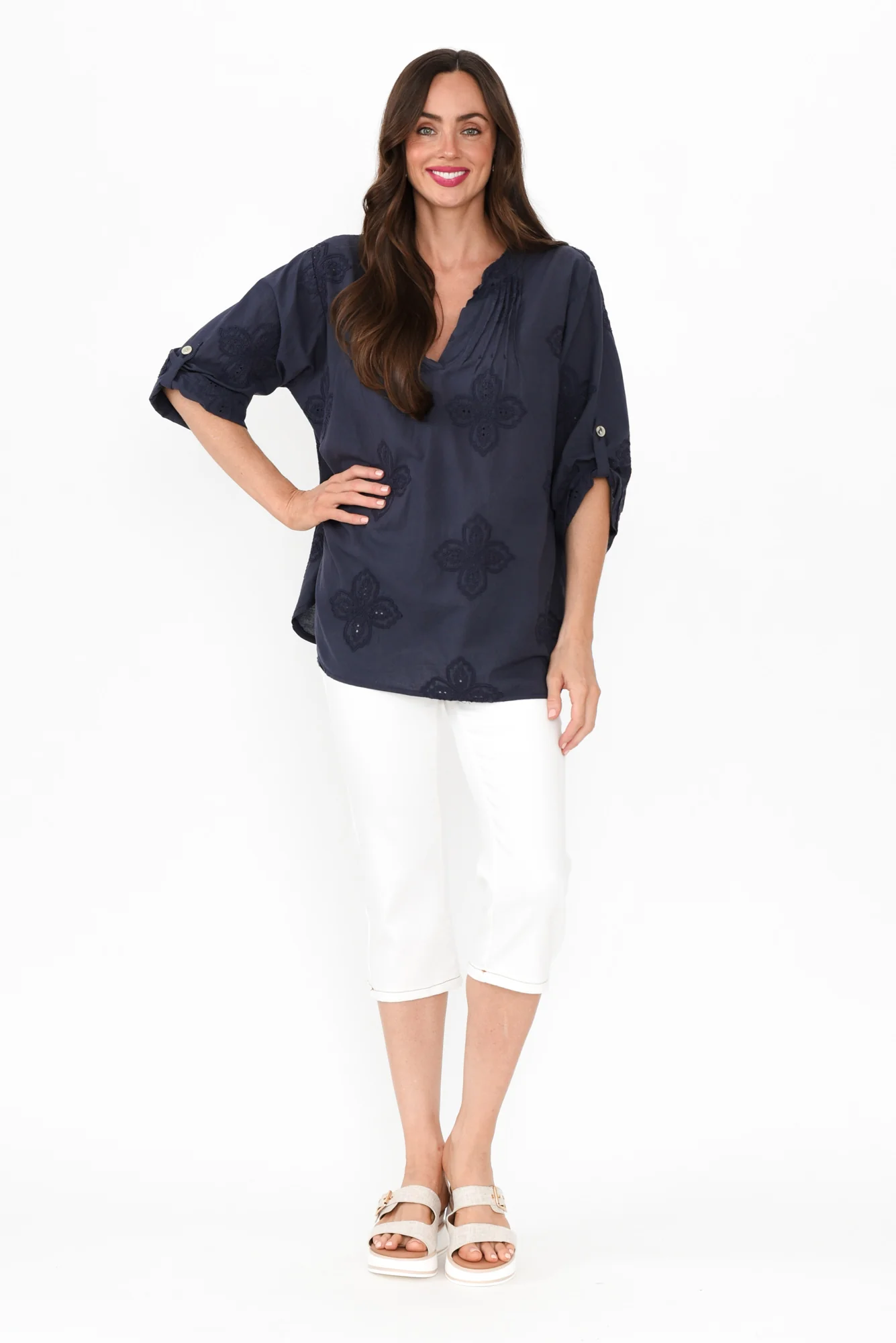 Marla Navy Cotton Embroidered Top