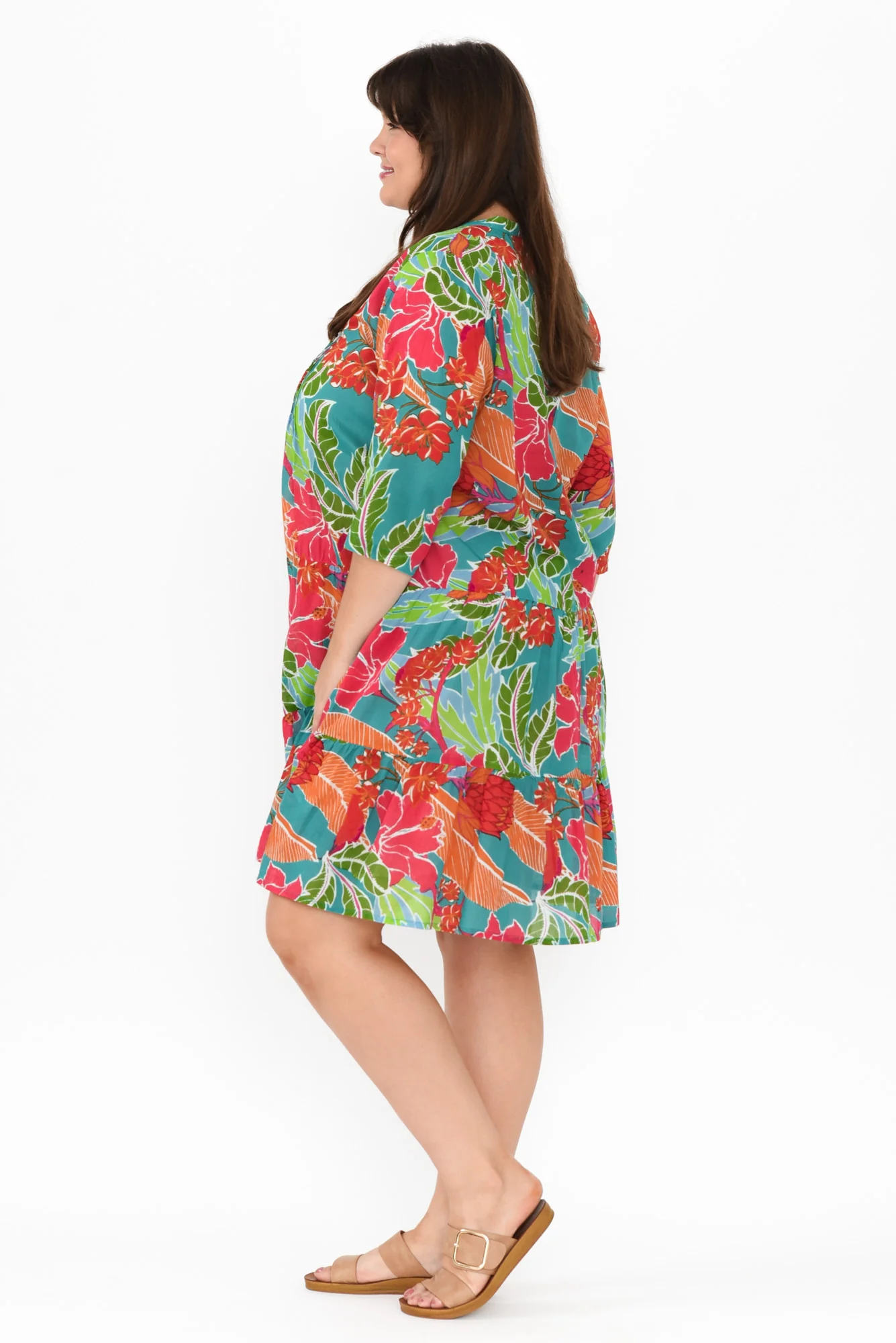 Larissa Emerald Tropical Cotton Pleated Dress