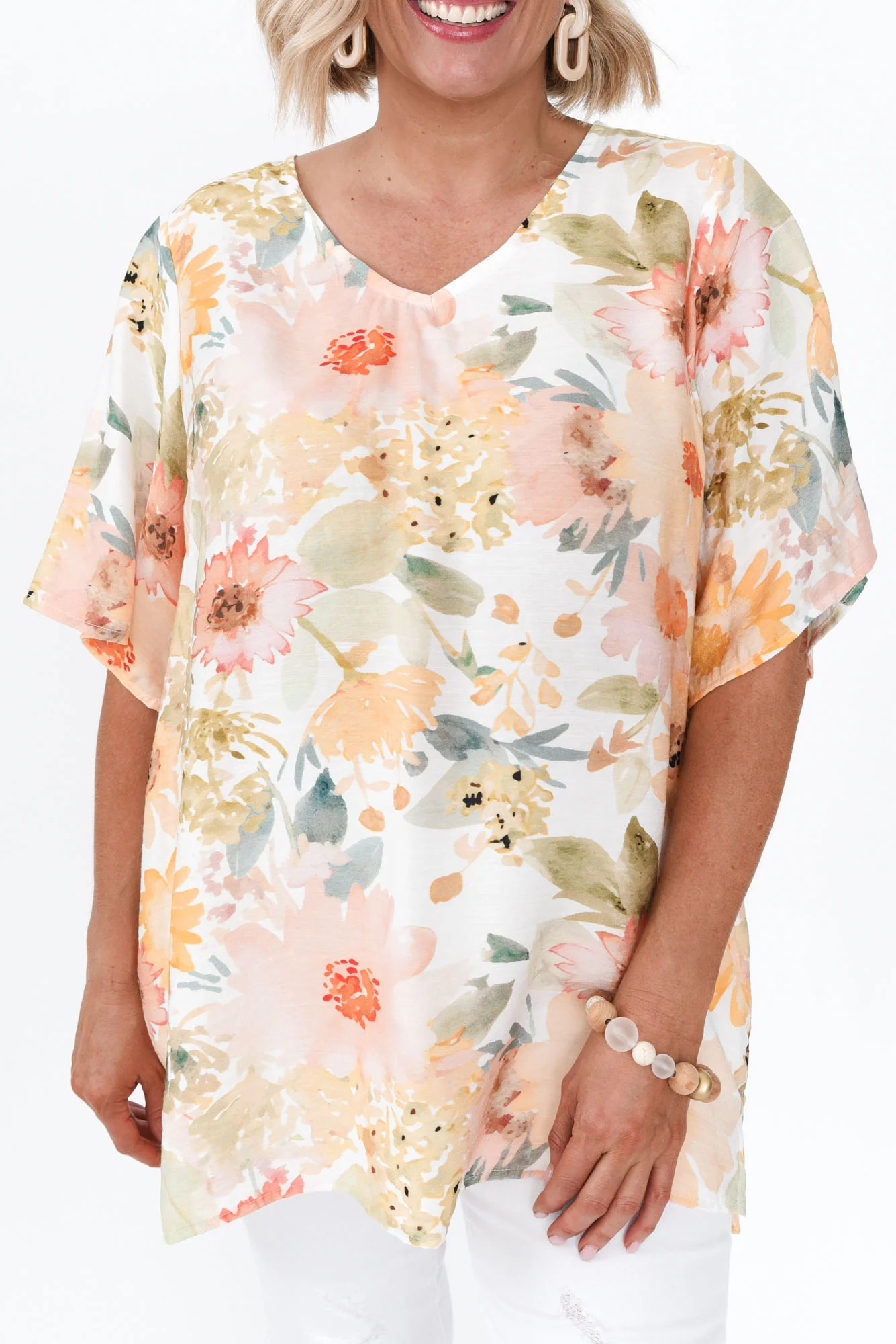 Marian White Floral Linen Blend Top