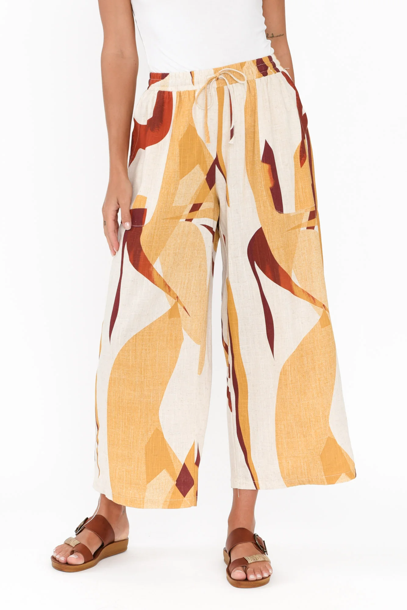 Minnelli Beige Abstract Linen Cotton Pants